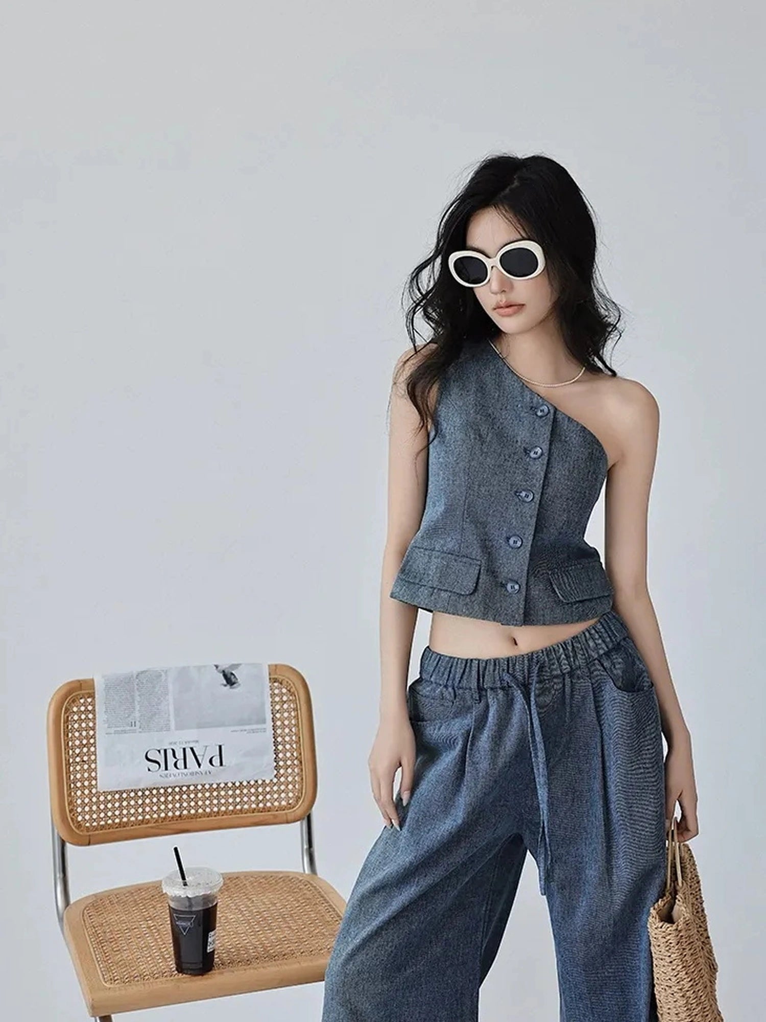 FU FRESH UP Vintage Washed Asymmetrical Denim Set