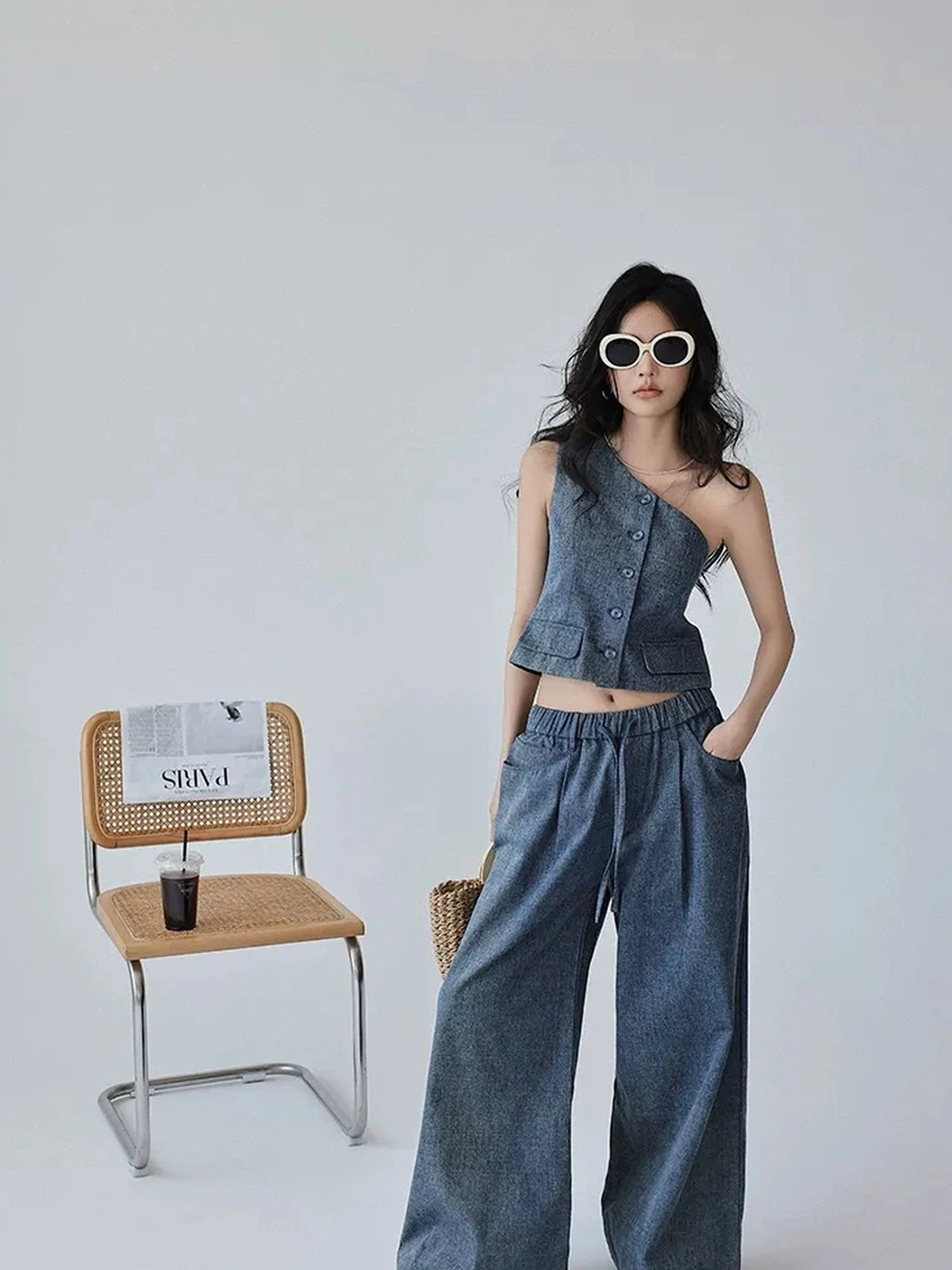 FU FRESH UP Vintage Washed Asymmetrical Denim Set