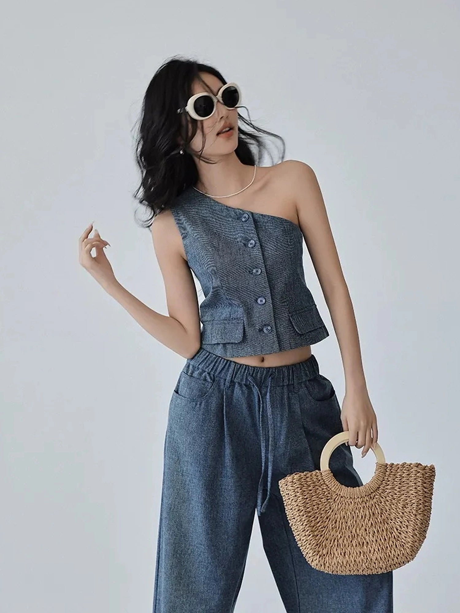 FU FRESH UP Vintage Washed Asymmetrical Denim Set
