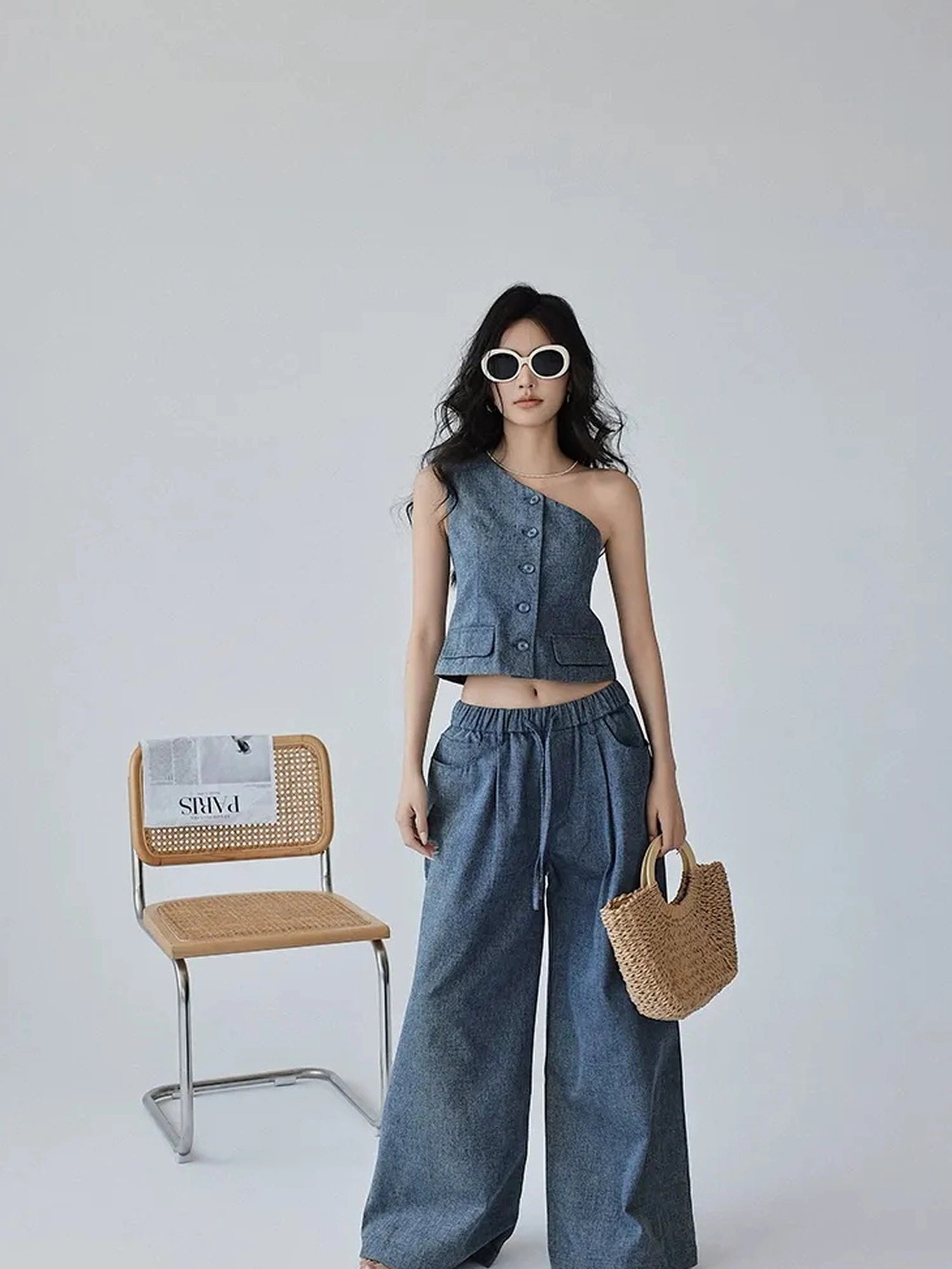 FU FRESH UP Vintage Washed Asymmetrical Denim Set