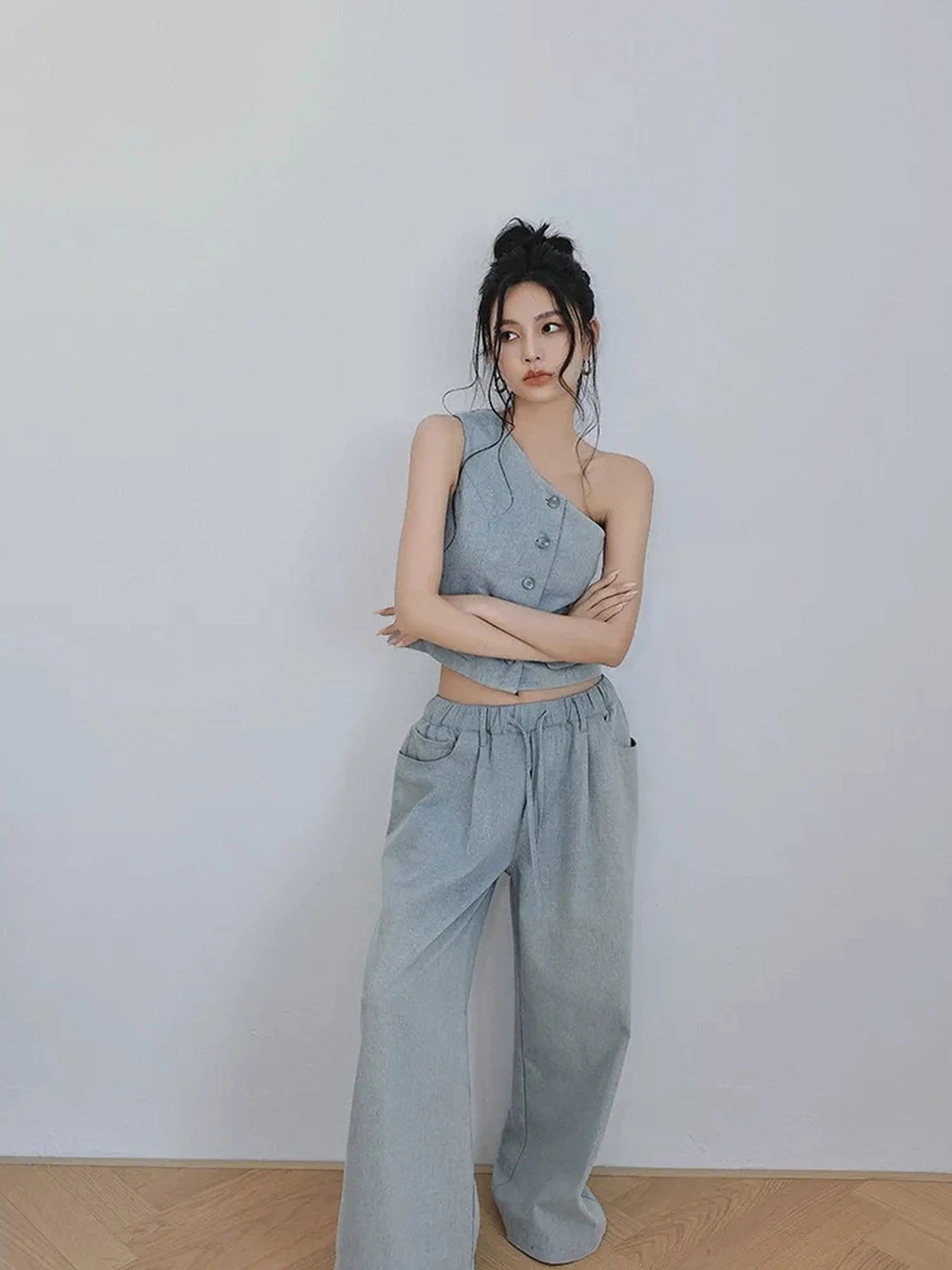 FU FRESH UP Vintage Washed Asymmetrical Denim Set