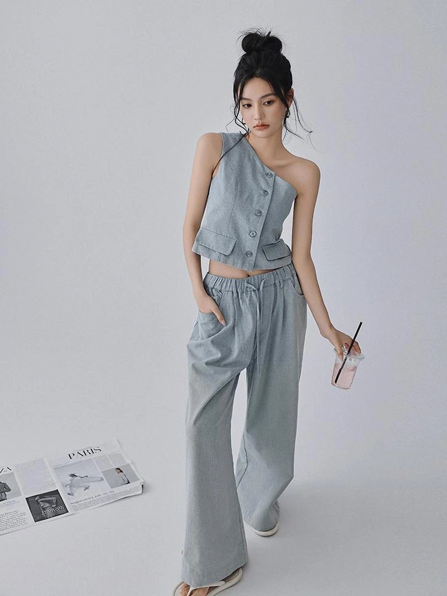 FU FRESH UP Vintage Washed Asymmetrical Denim Set