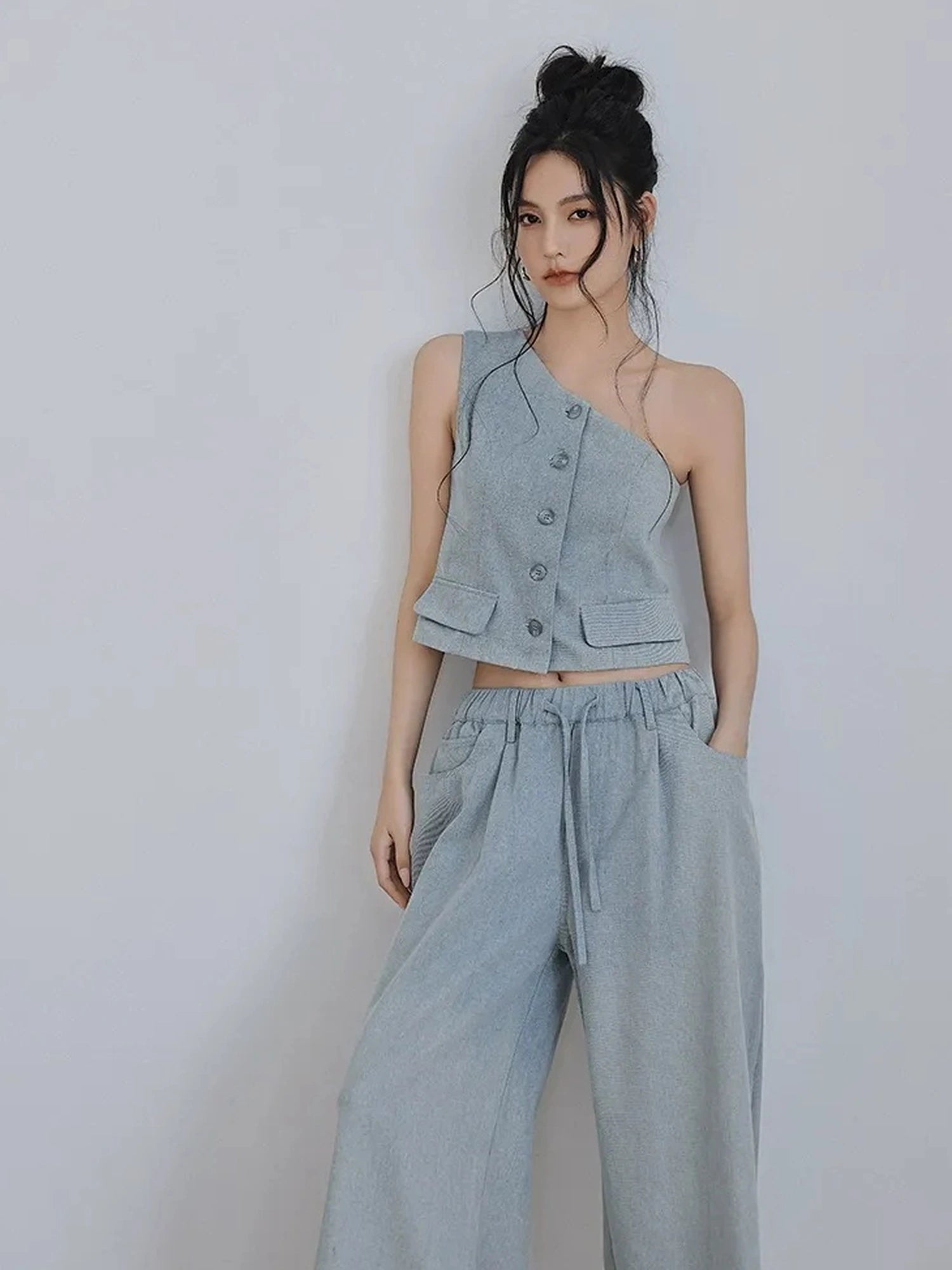 FU FRESH UP Vintage Washed Asymmetrical Denim Set