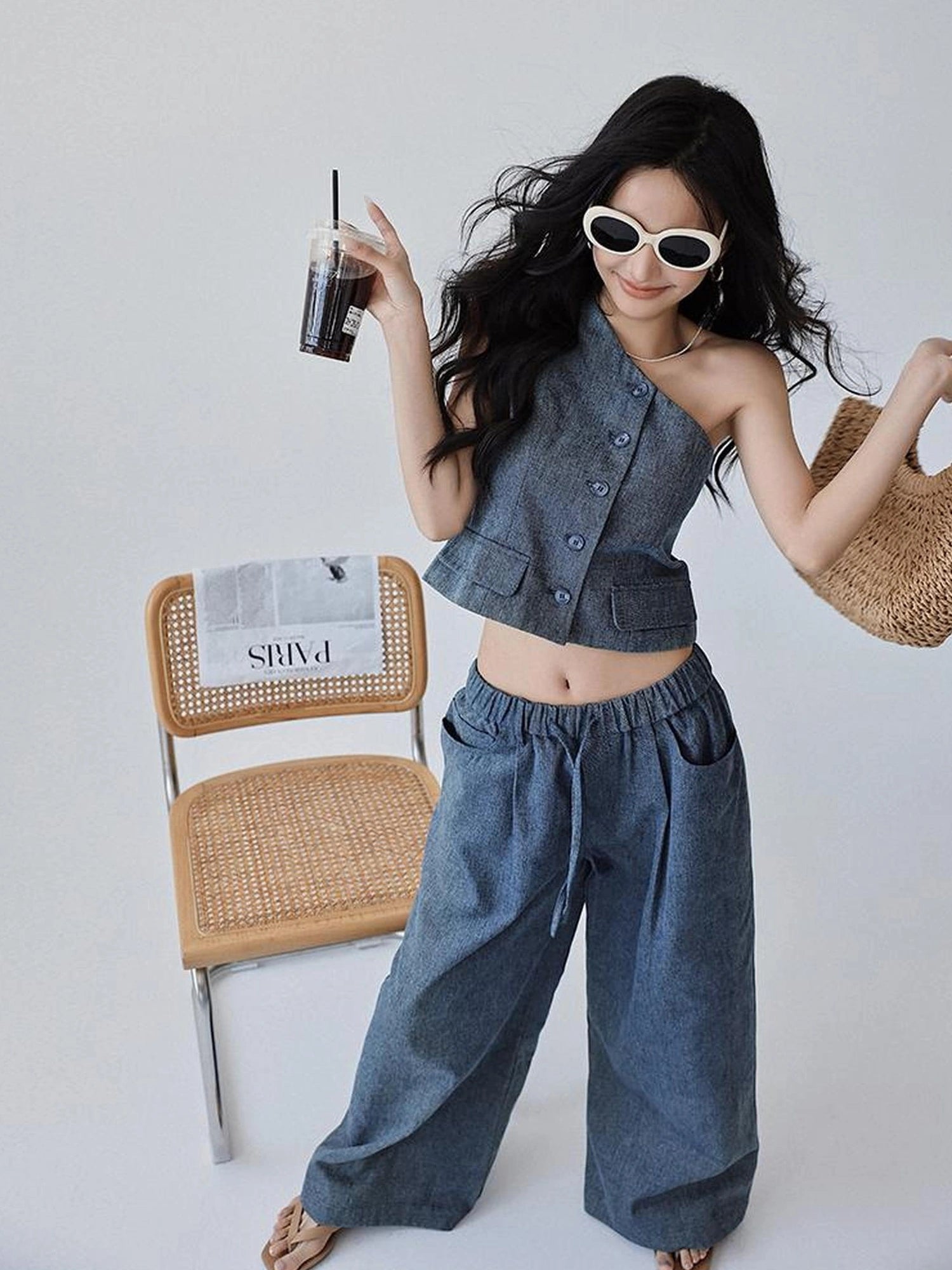FU FRESH UP Vintage Washed Asymmetrical Denim Set