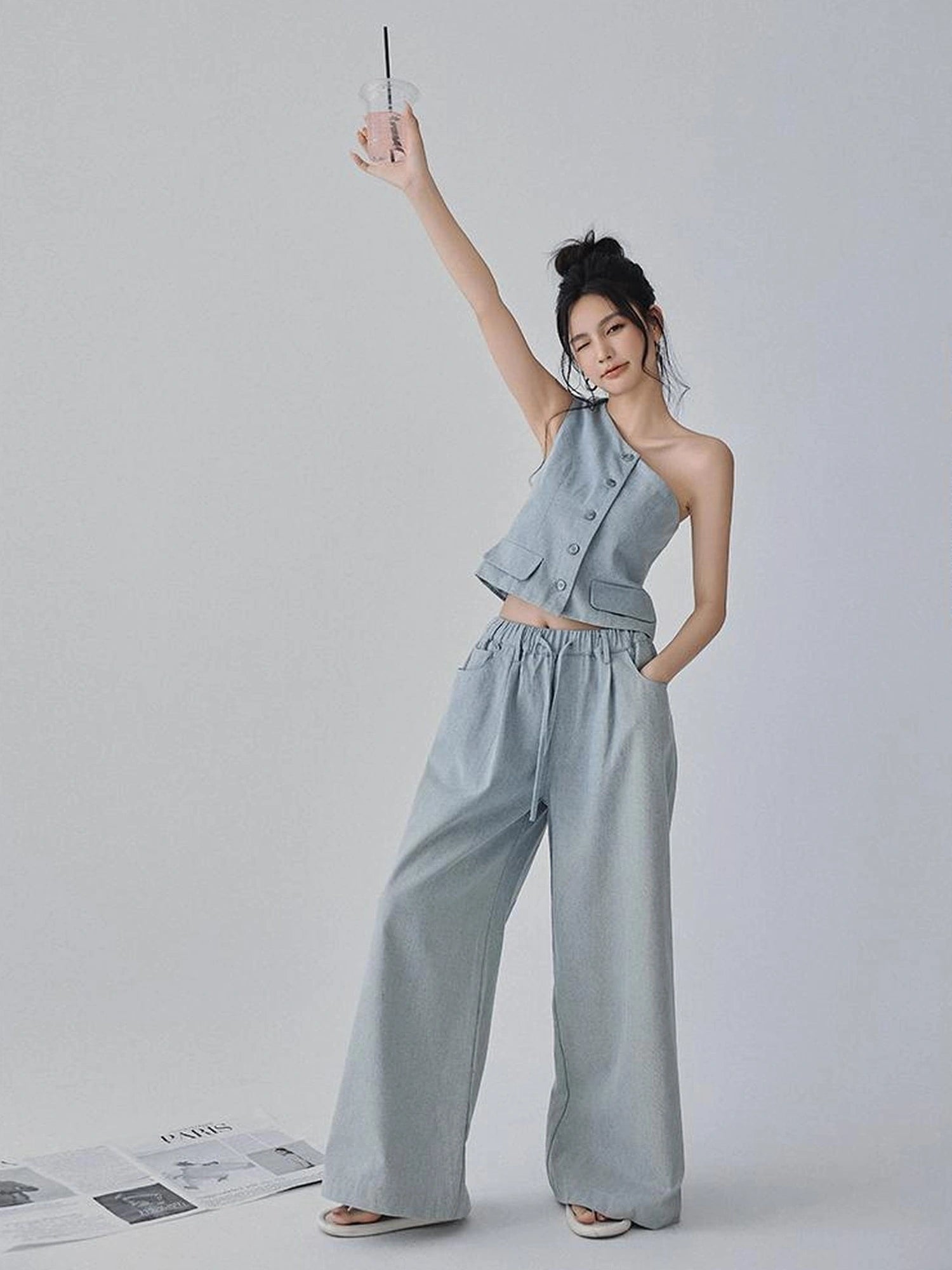 FU FRESH UP Vintage Washed Asymmetrical Denim Set