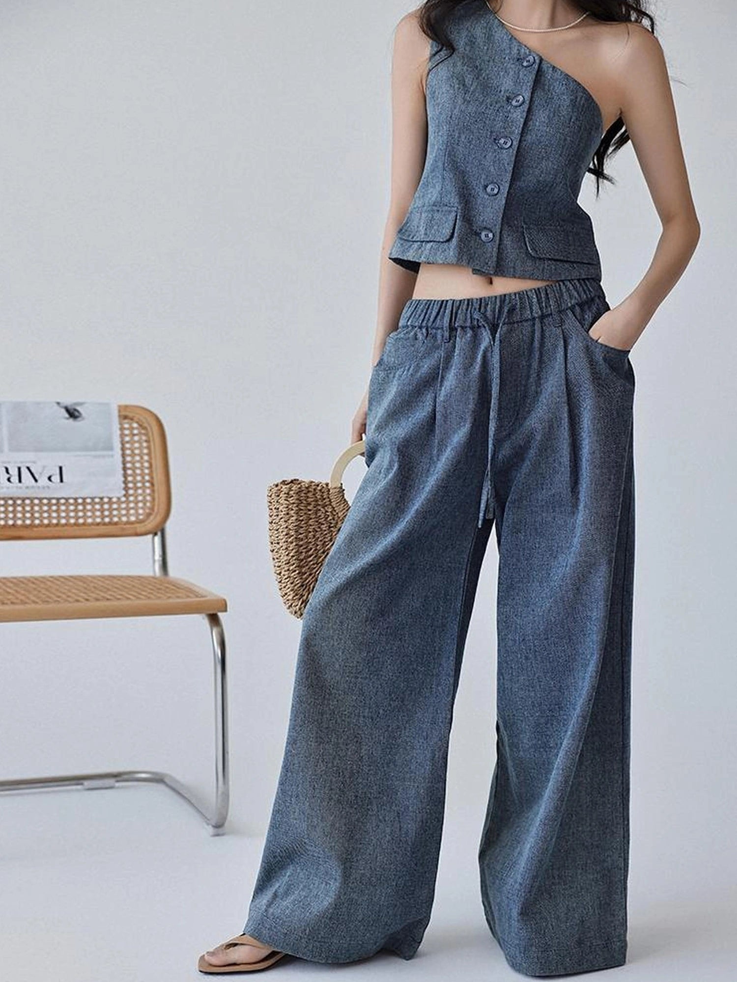 FU FRESH UP Vintage Washed Asymmetrical Denim Set