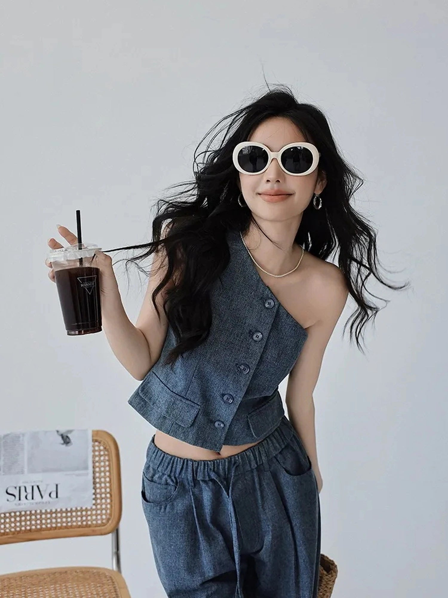 FU FRESH UP Vintage Washed Asymmetrical Denim Set