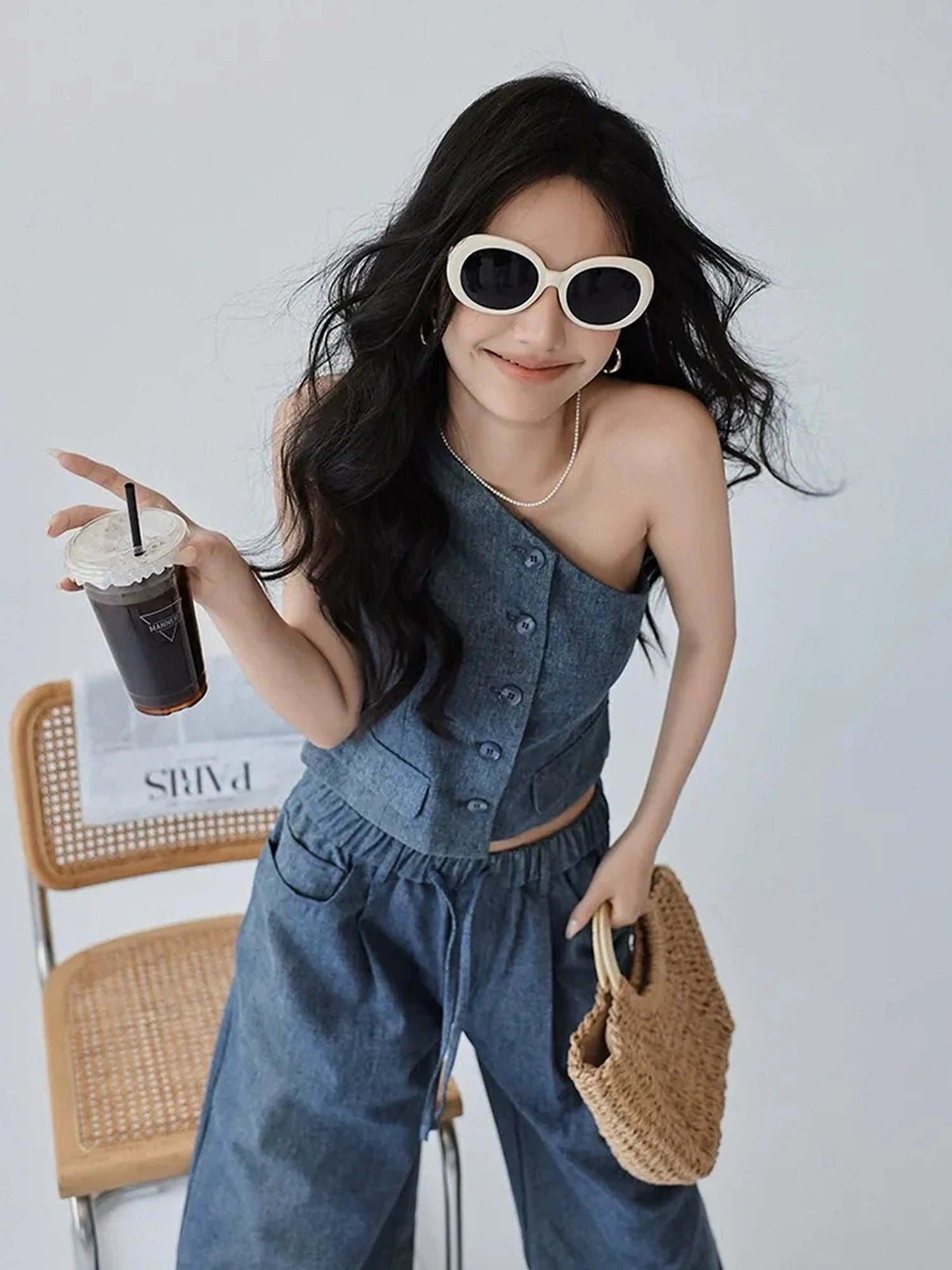 FU FRESH UP Vintage Washed Asymmetrical Denim Set