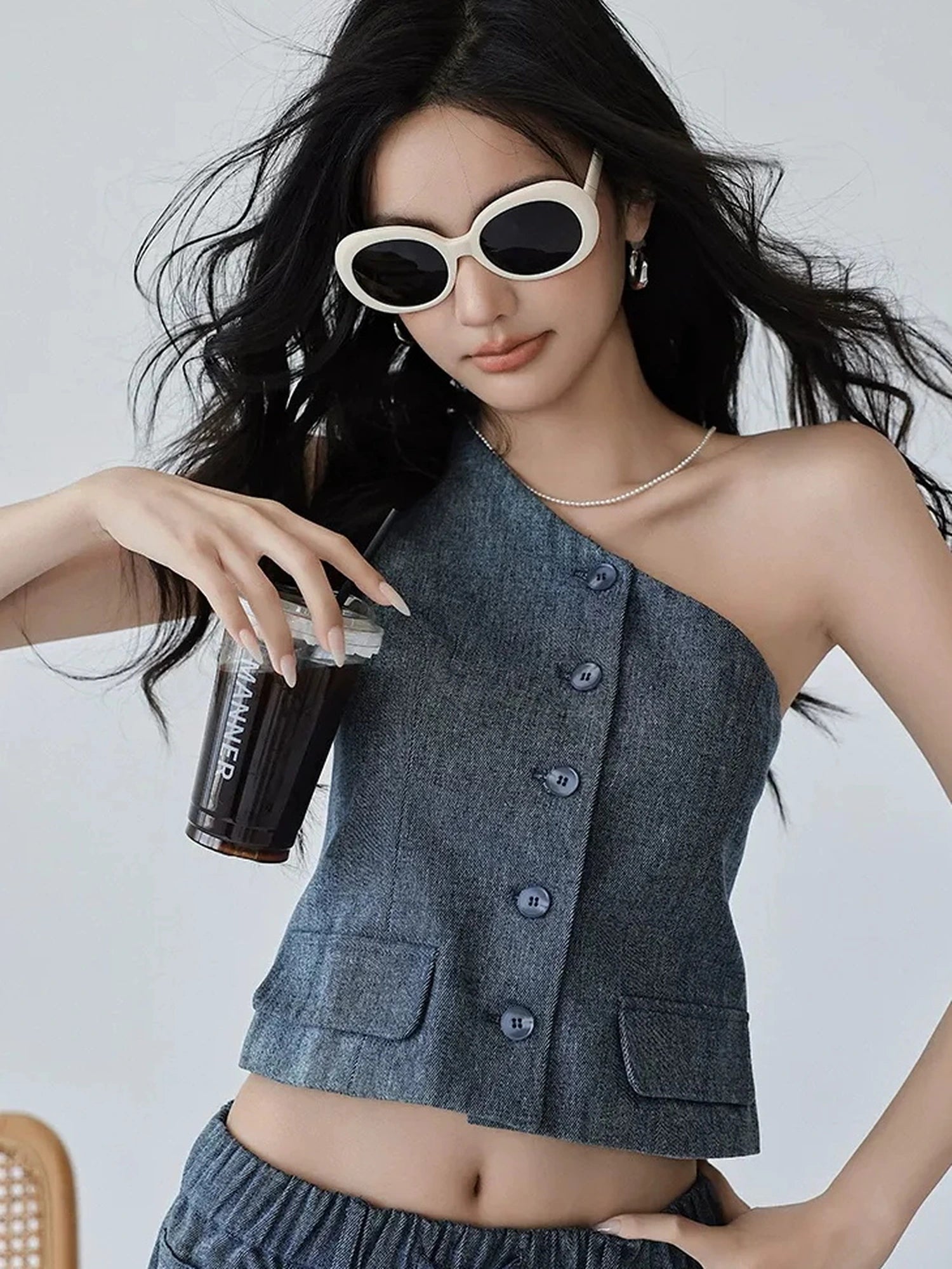 FU FRESH UP Vintage Washed Asymmetrical Denim Set
