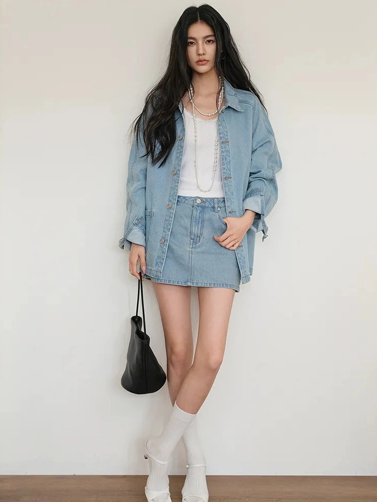 FU FRESH UP Vintage Washed Denim Jacket Mini Skirt Set