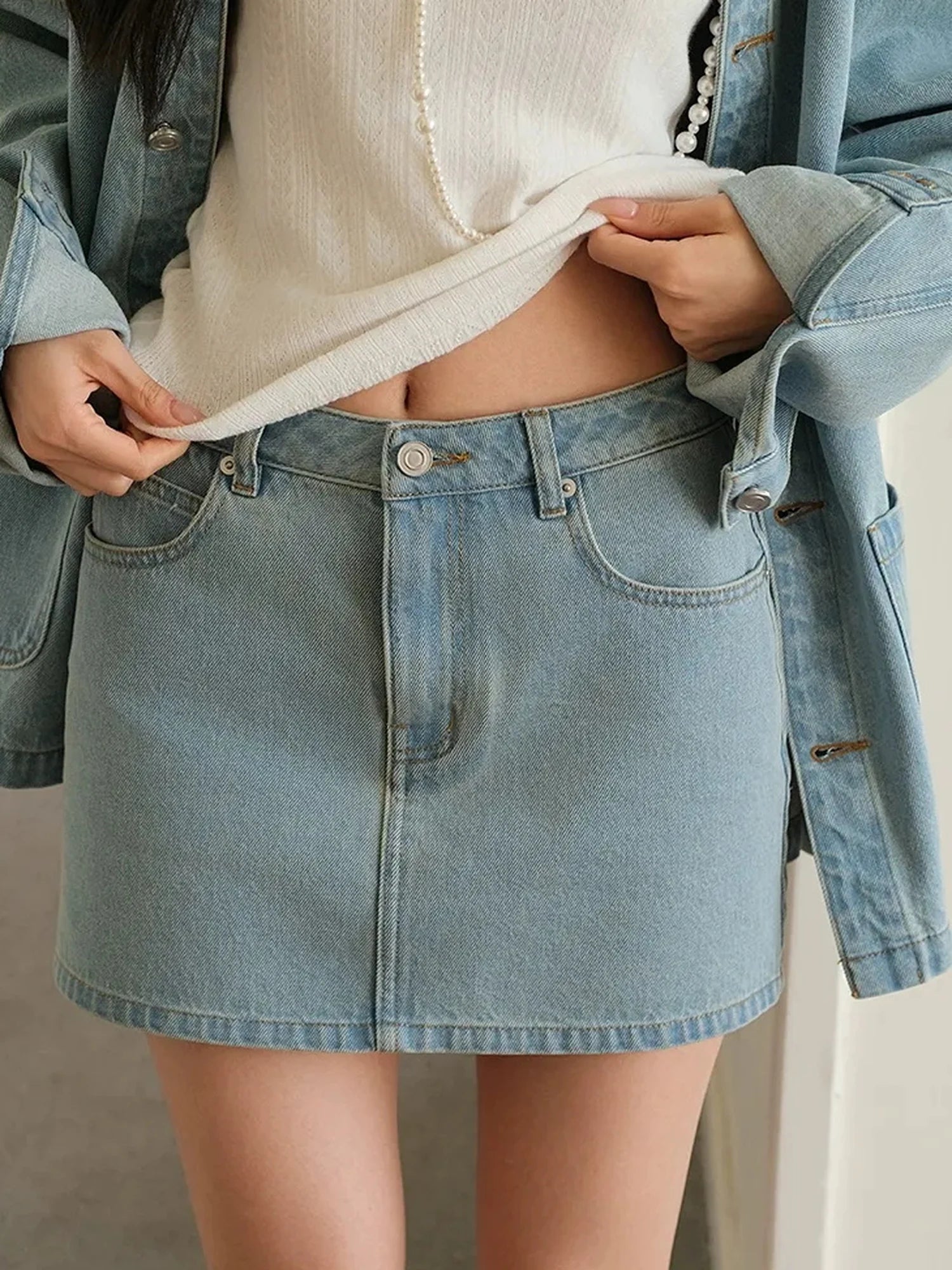 FU FRESH UP Vintage Washed Denim Jacket Mini Skirt Set