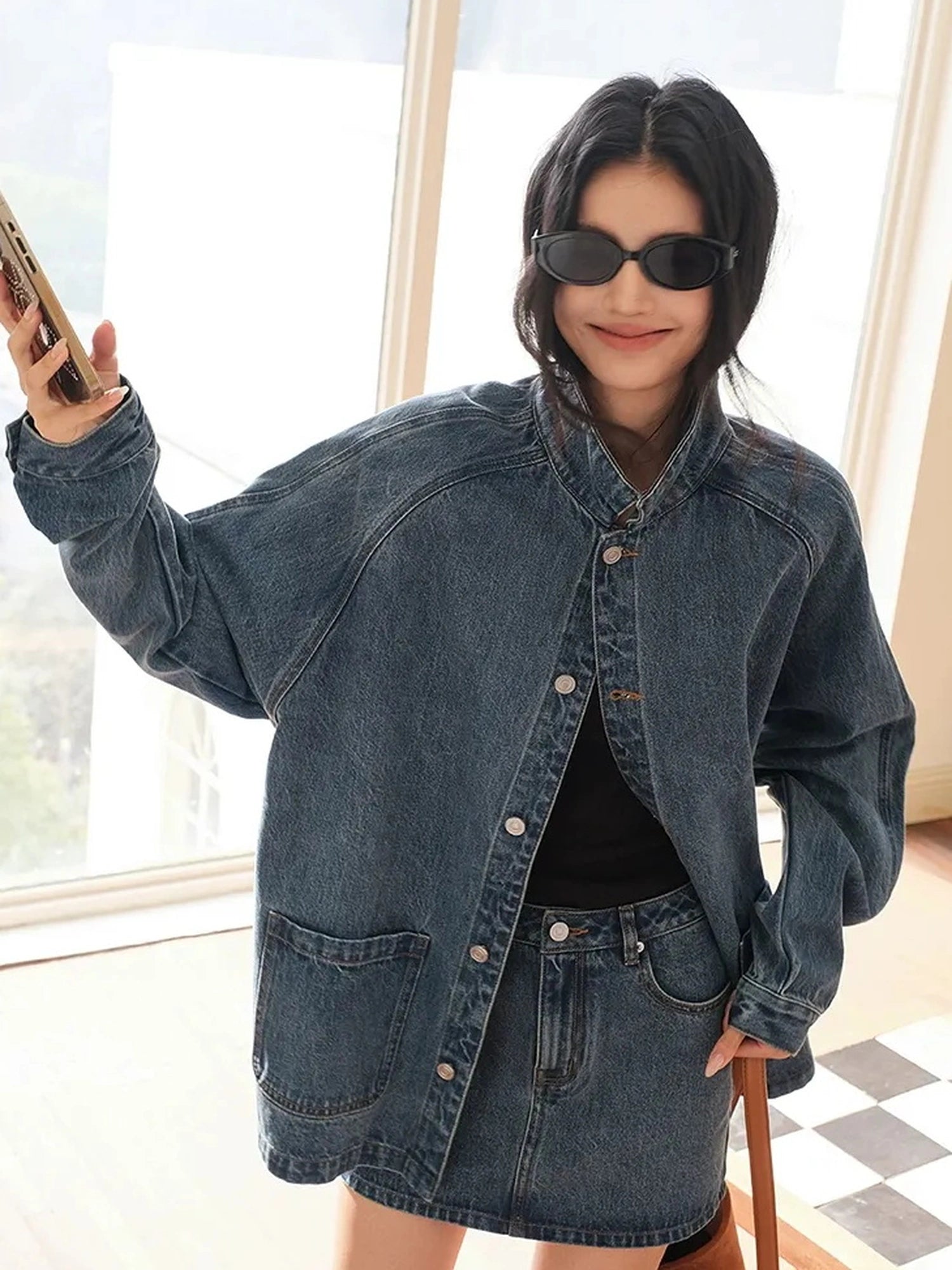 FU FRESH UP Vintage Washed Denim Jacket Mini Skirt Set