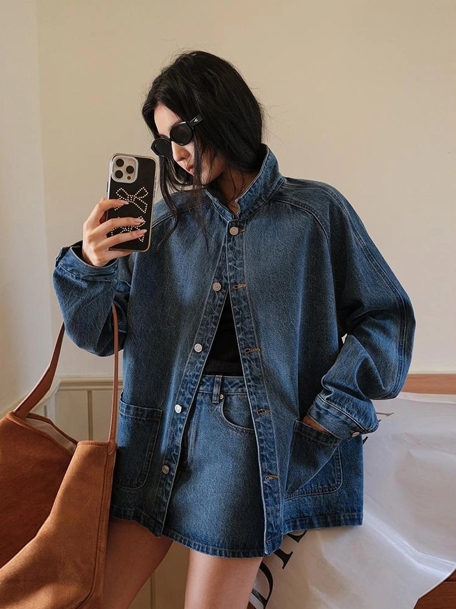 FU FRESH UP Vintage Washed Denim Jacket Mini Skirt Set
