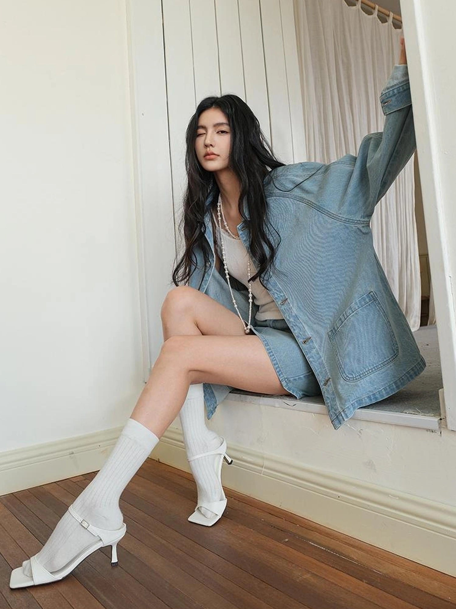 FU FRESH UP Vintage Washed Denim Jacket Mini Skirt Set