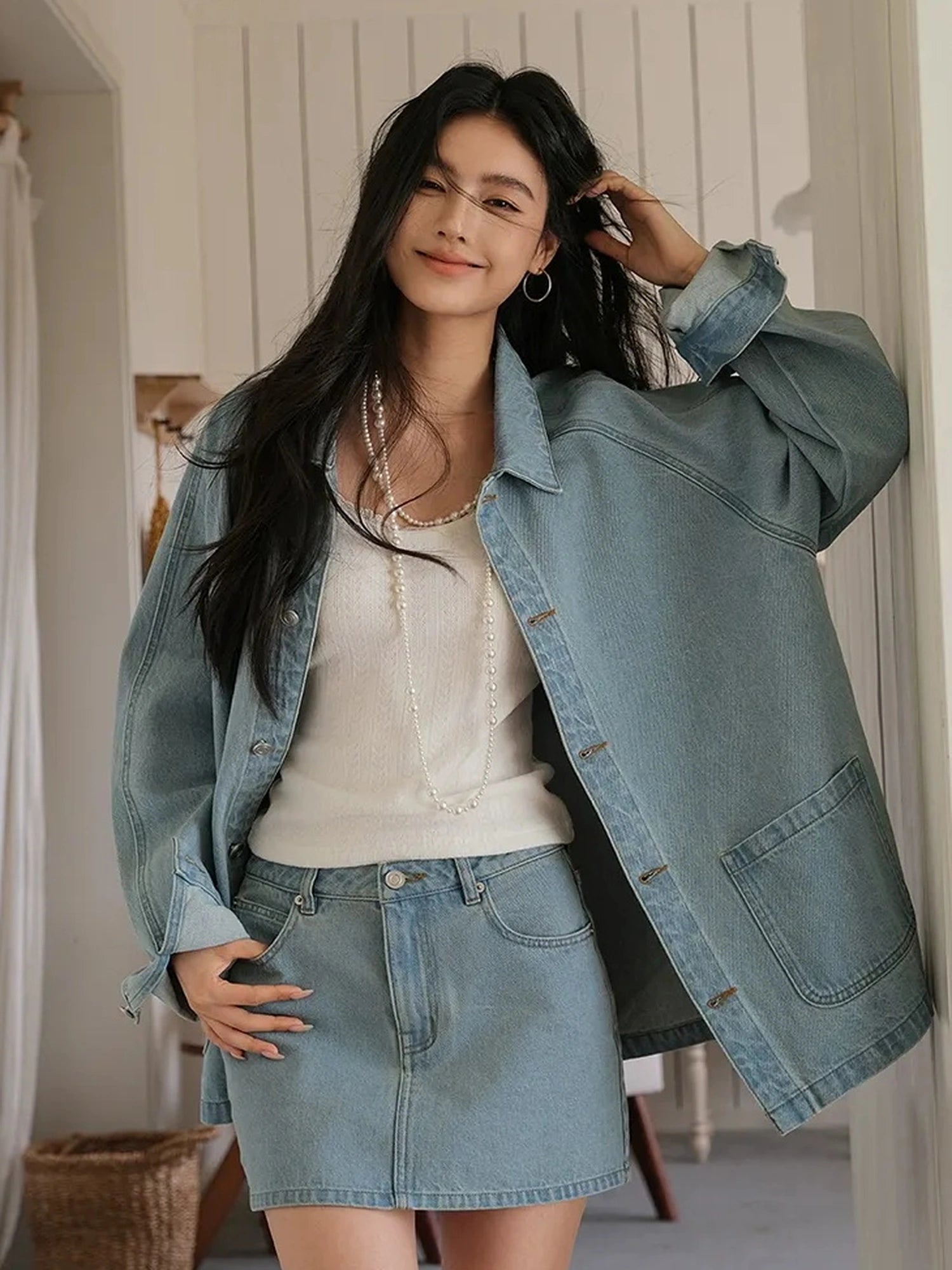 FU FRESH UP Vintage Washed Denim Jacket Mini Skirt Set
