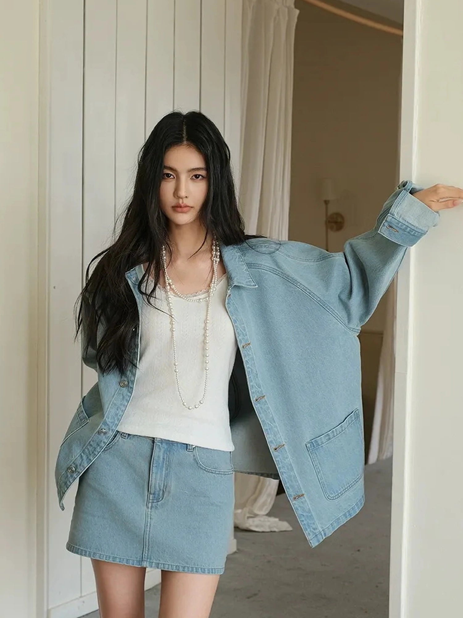 FU FRESH UP Vintage Washed Denim Jacket Mini Skirt Set