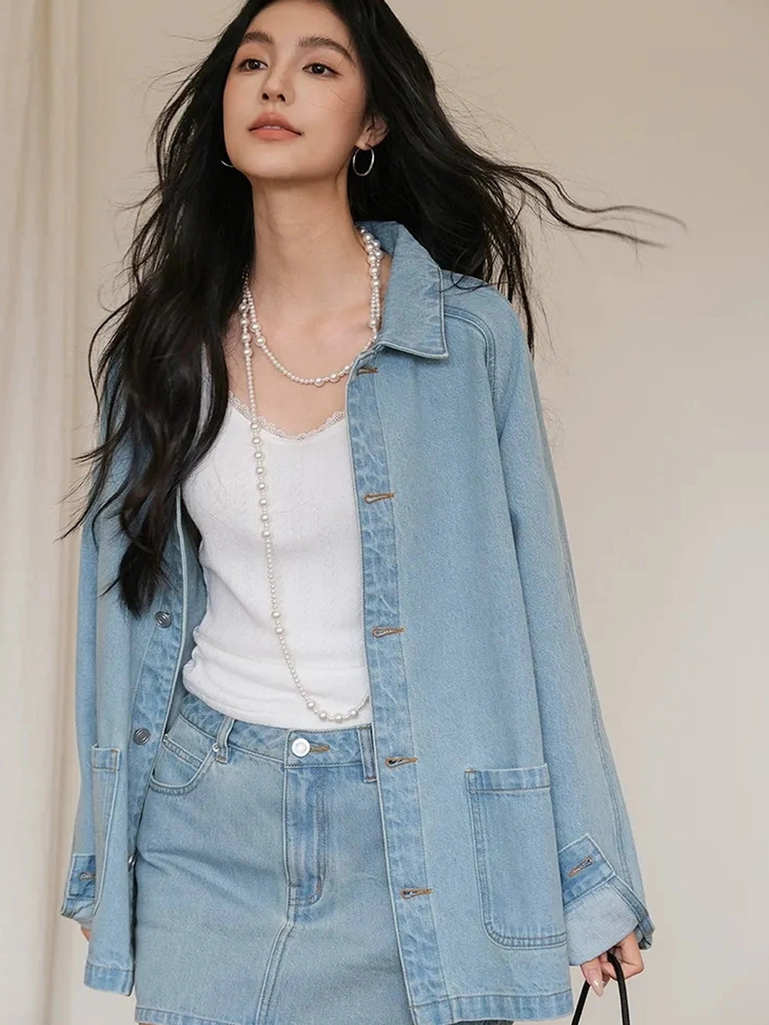 FU FRESH UP Vintage Washed Denim Jacket Mini Skirt Set