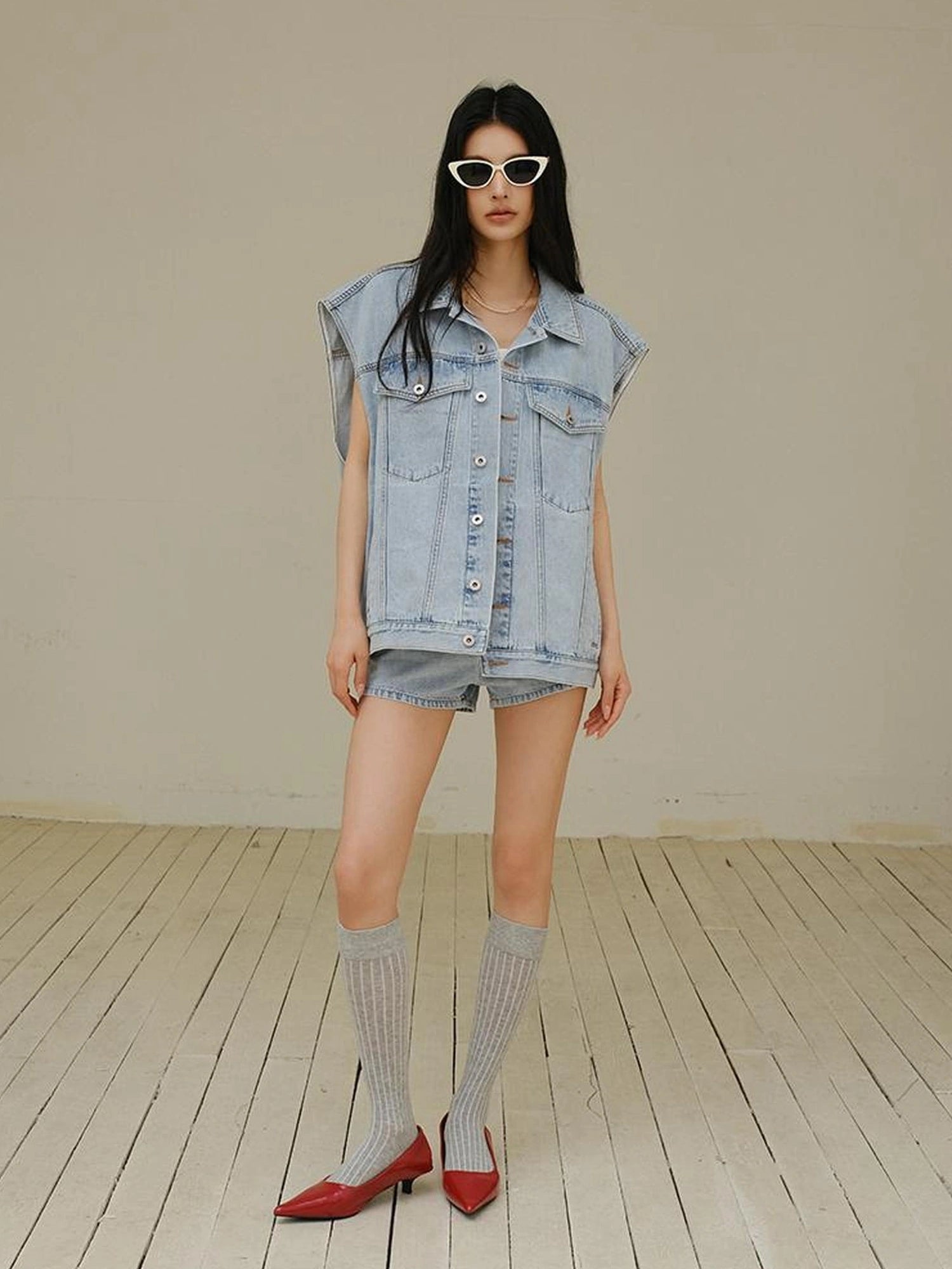 FU FRESH UP Vintage Washed Denim Vest And Shorts Set