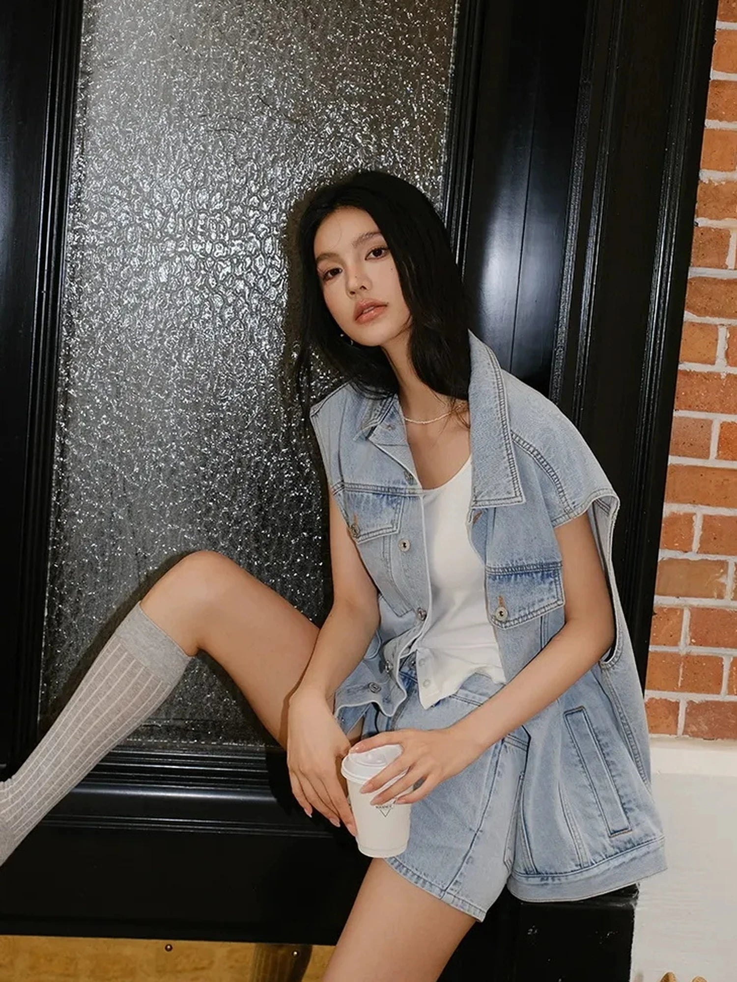 FU FRESH UP Vintage Washed Denim Vest And Shorts Set