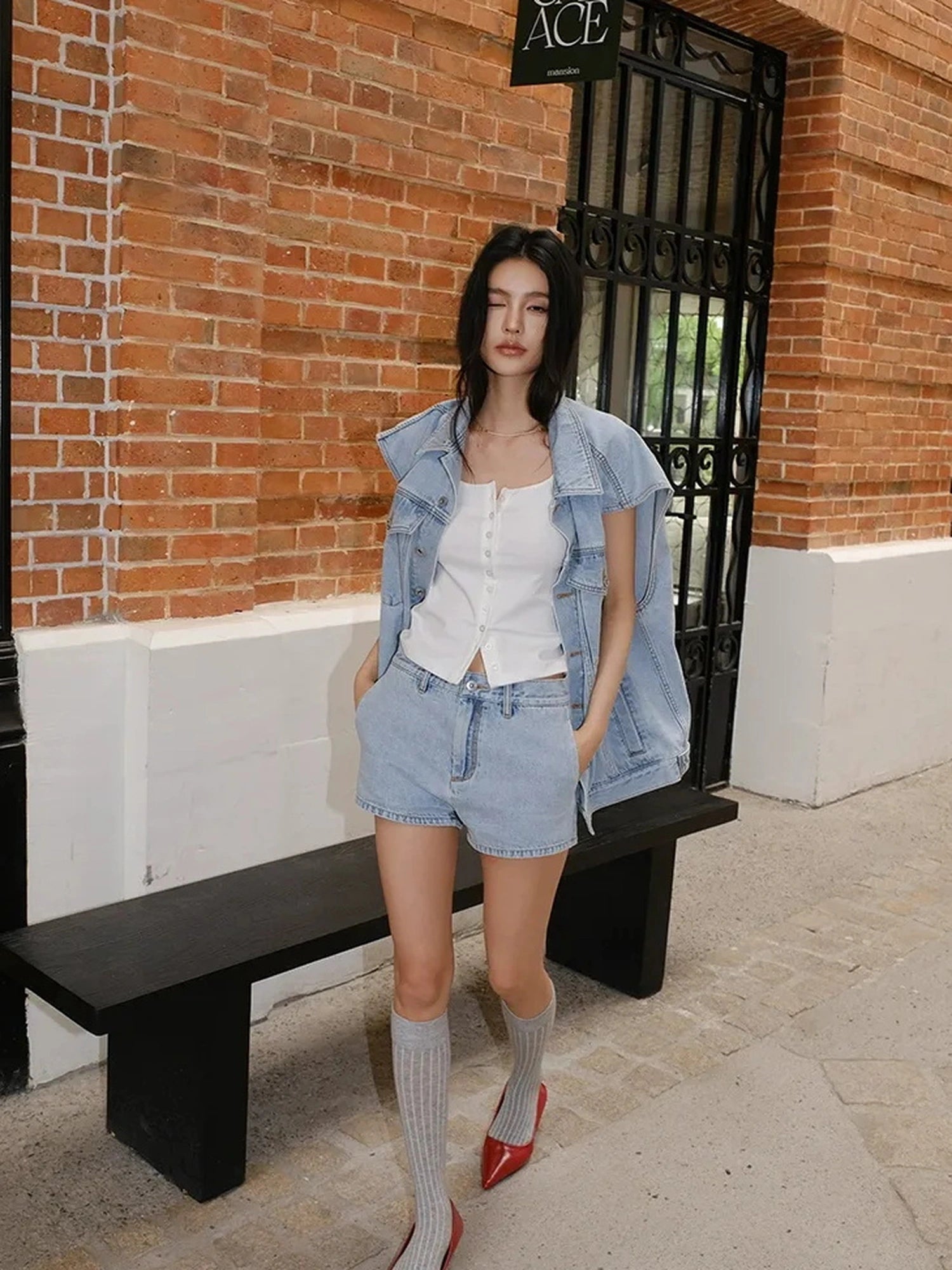 FU FRESH UP Vintage Washed Denim Vest And Shorts Set