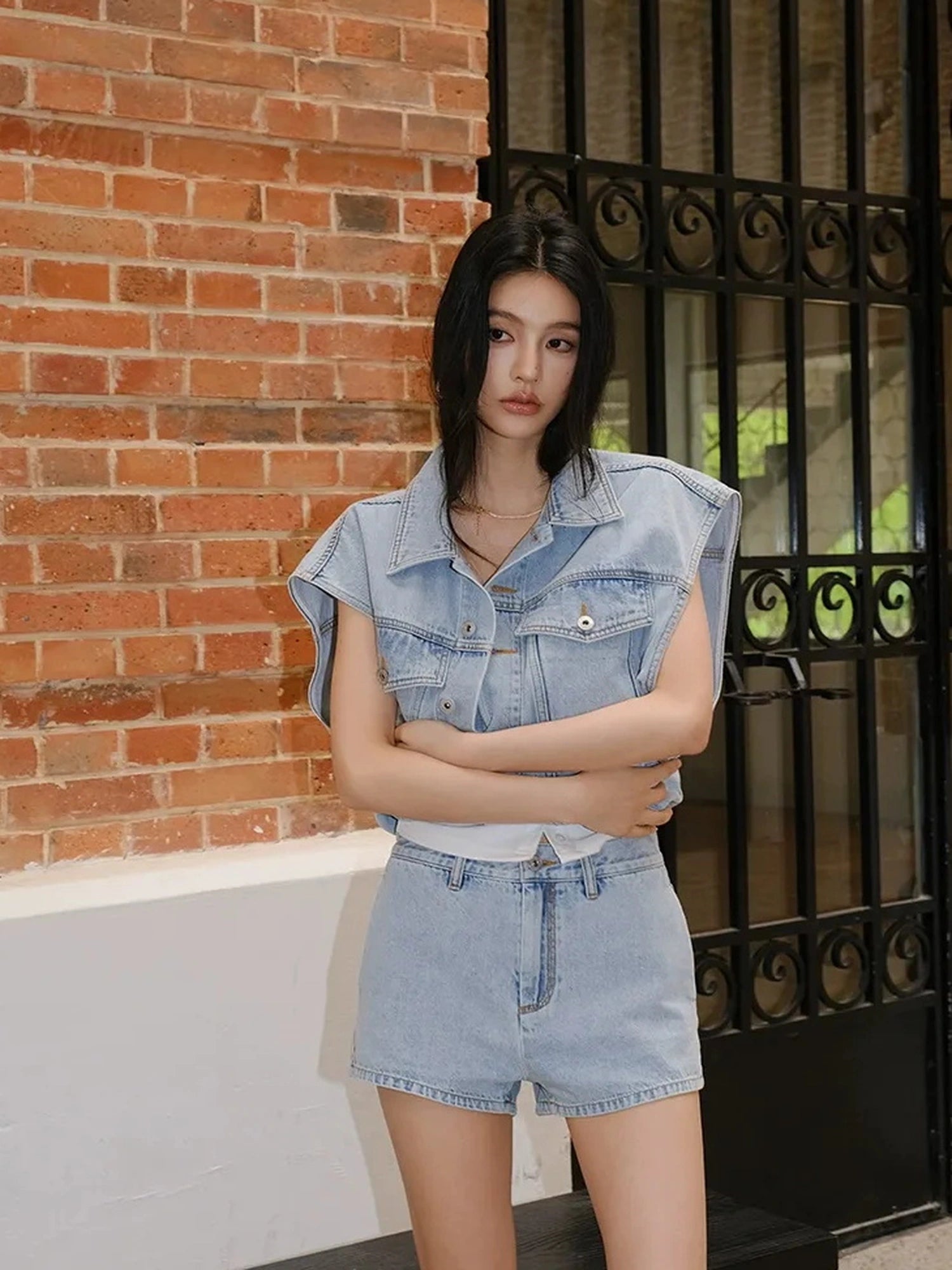 FU FRESH UP Vintage Washed Denim Vest And Shorts Set