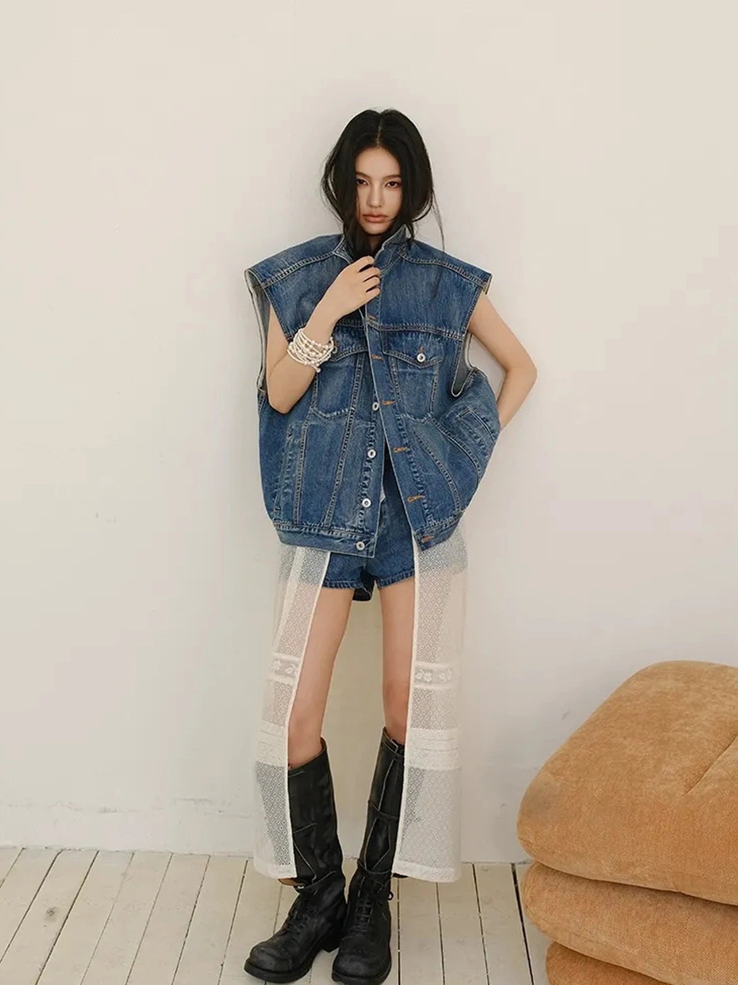FU FRESH UP Vintage Washed Denim Vest And Shorts Set