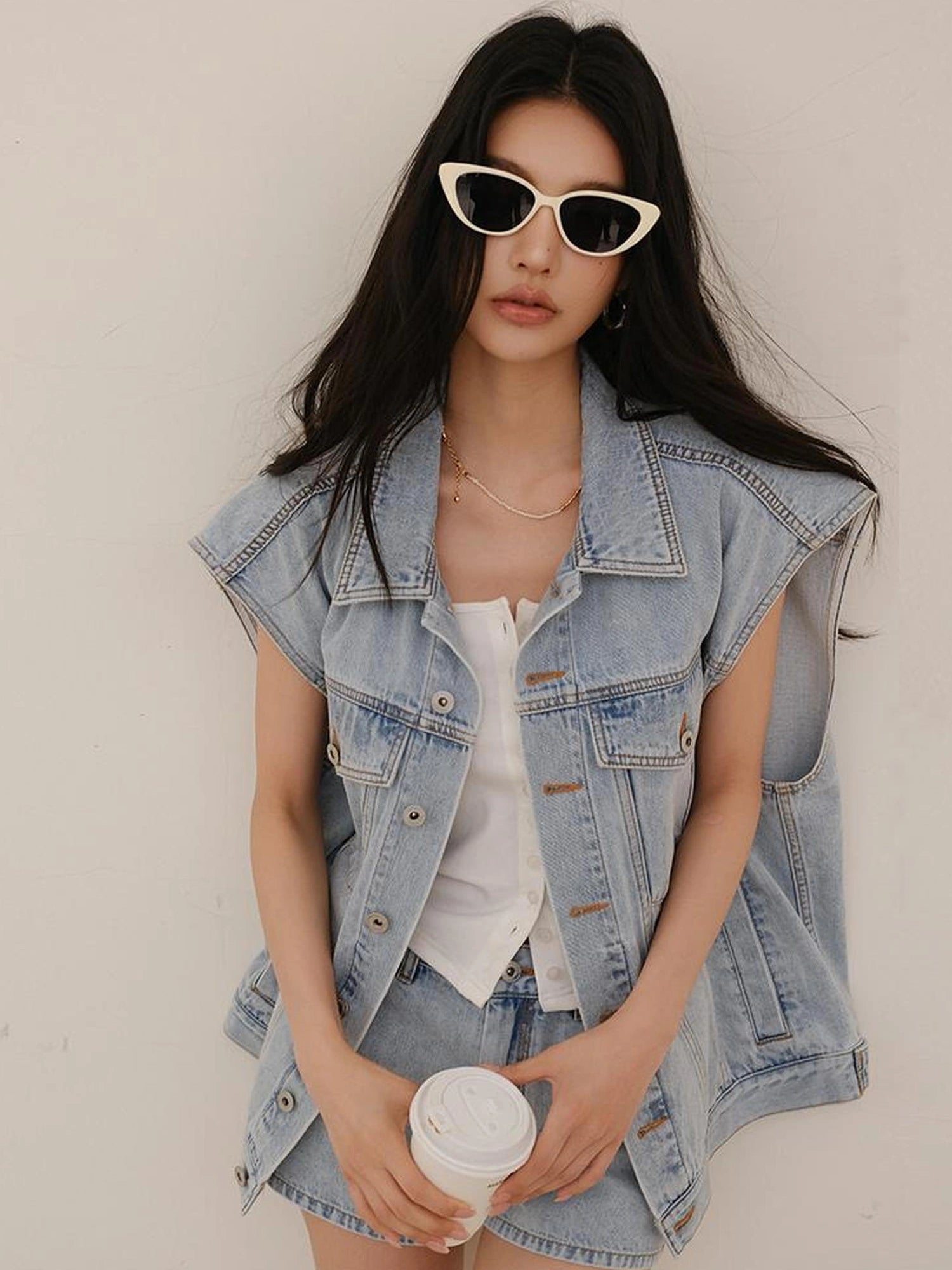 FU FRESH UP Vintage Washed Denim Vest And Shorts Set