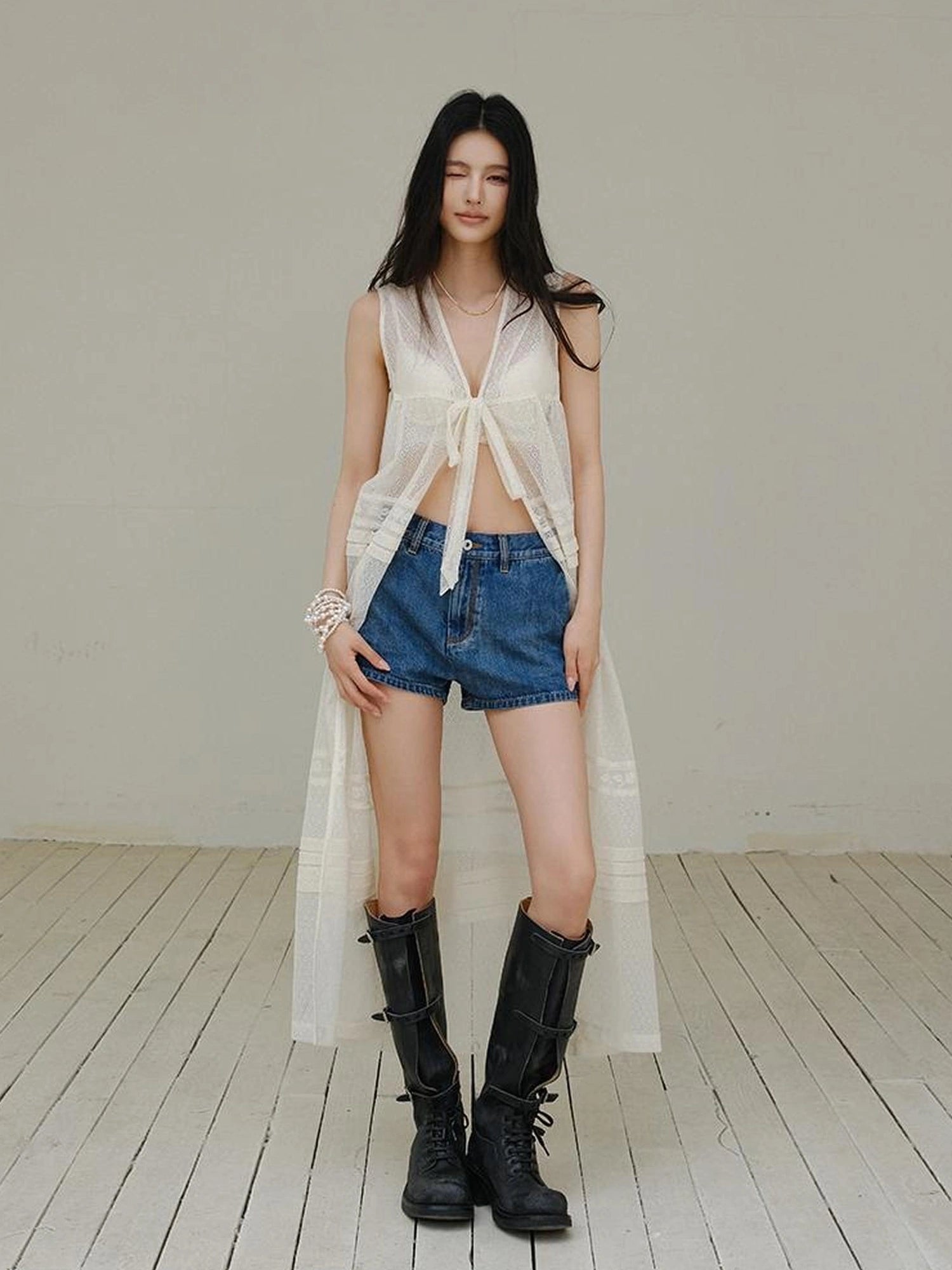 FU FRESH UP Vintage Washed Denim Vest And Shorts Set
