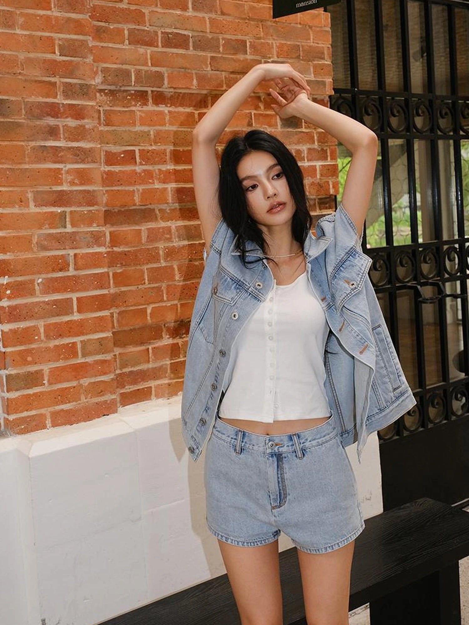FU FRESH UP Vintage Washed Denim Vest And Shorts Set