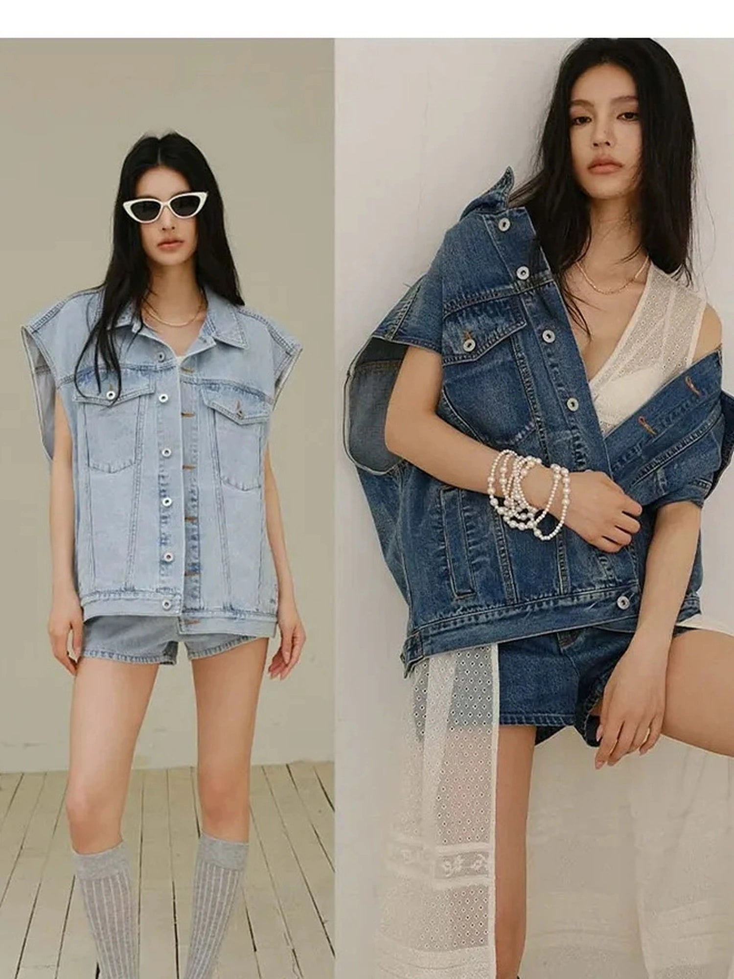 FU FRESH UP Vintage Washed Denim Vest And Shorts Set