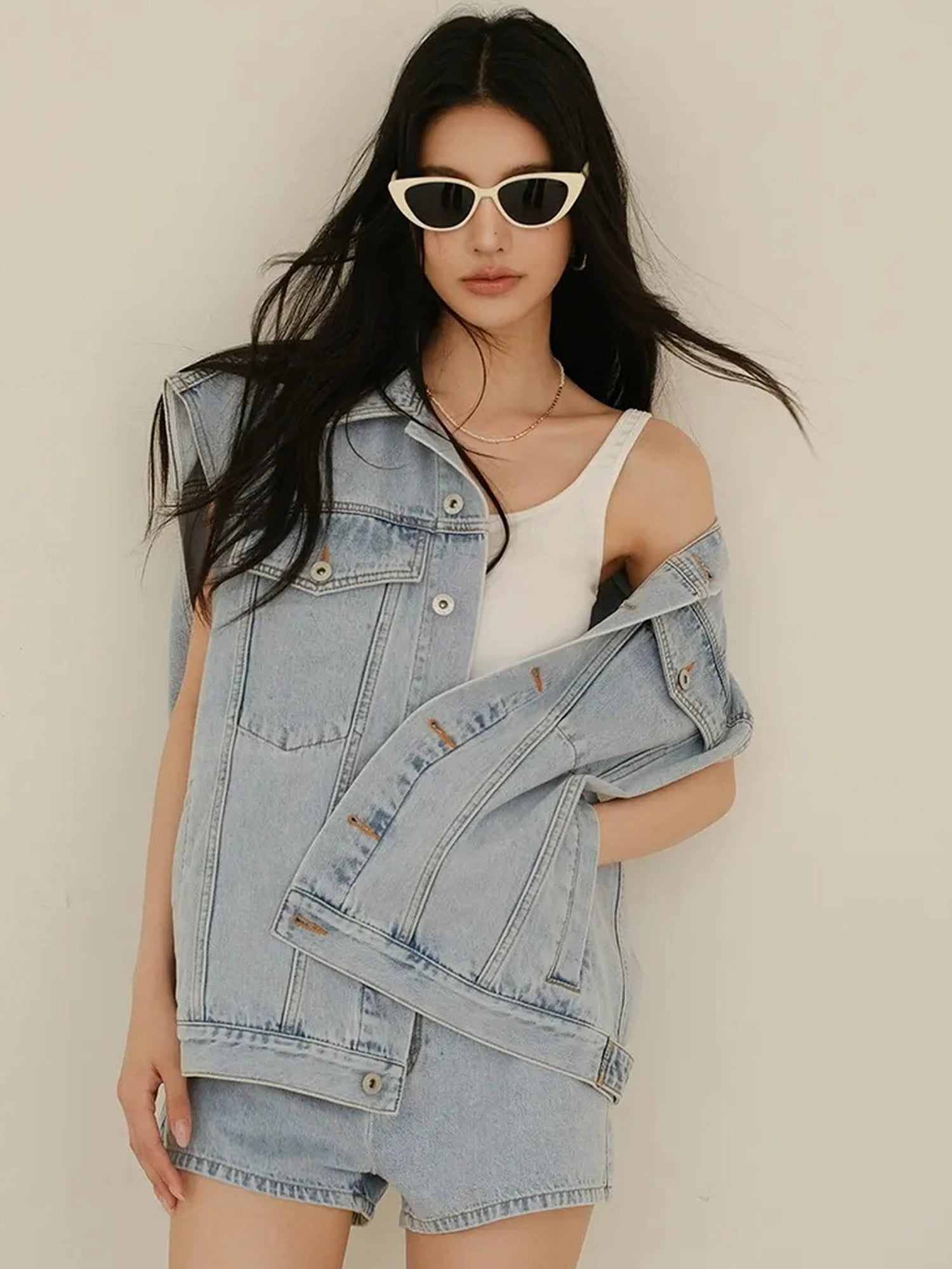 FU FRESH UP Vintage Washed Denim Vest And Shorts Set