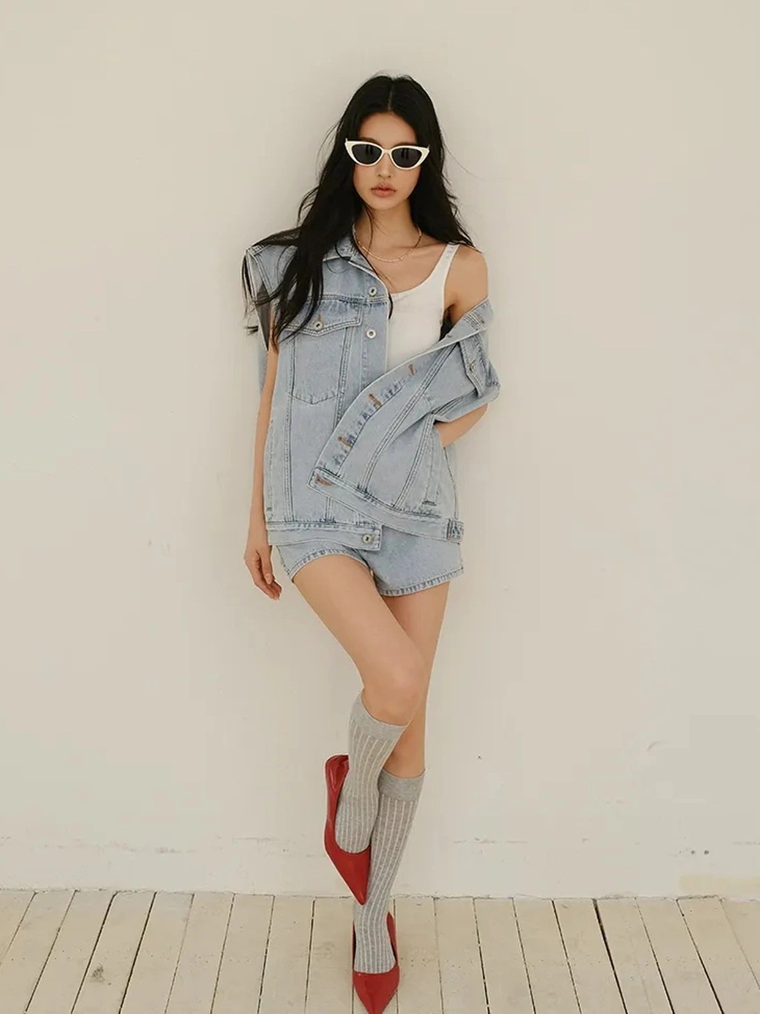 FU FRESH UP Vintage Washed Denim Vest And Shorts Set