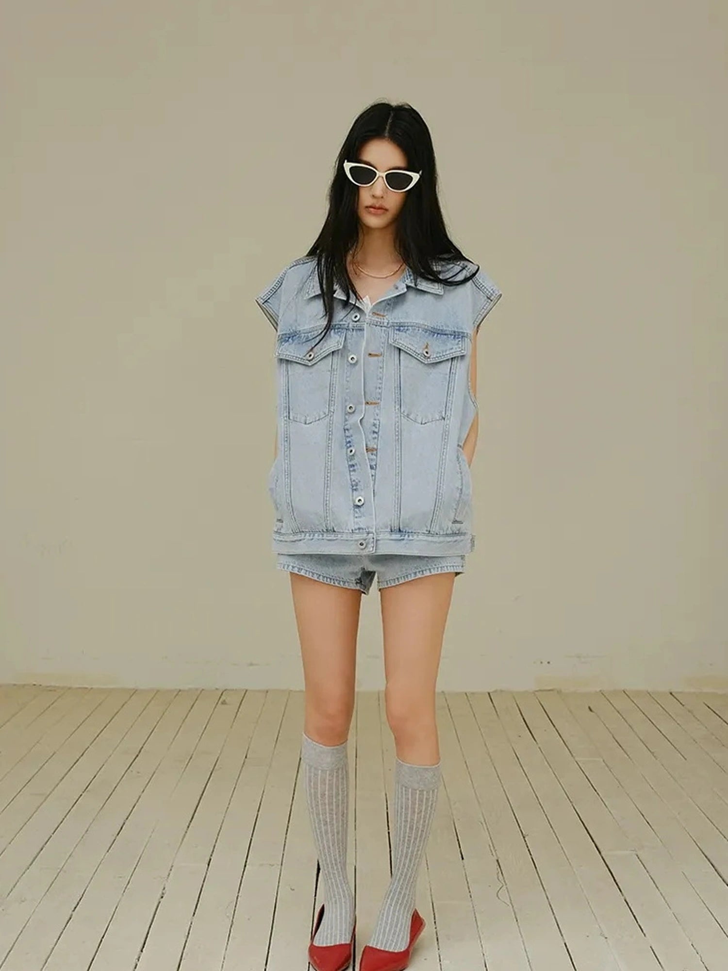 FU FRESH UP Vintage Washed Denim Vest And Shorts Set