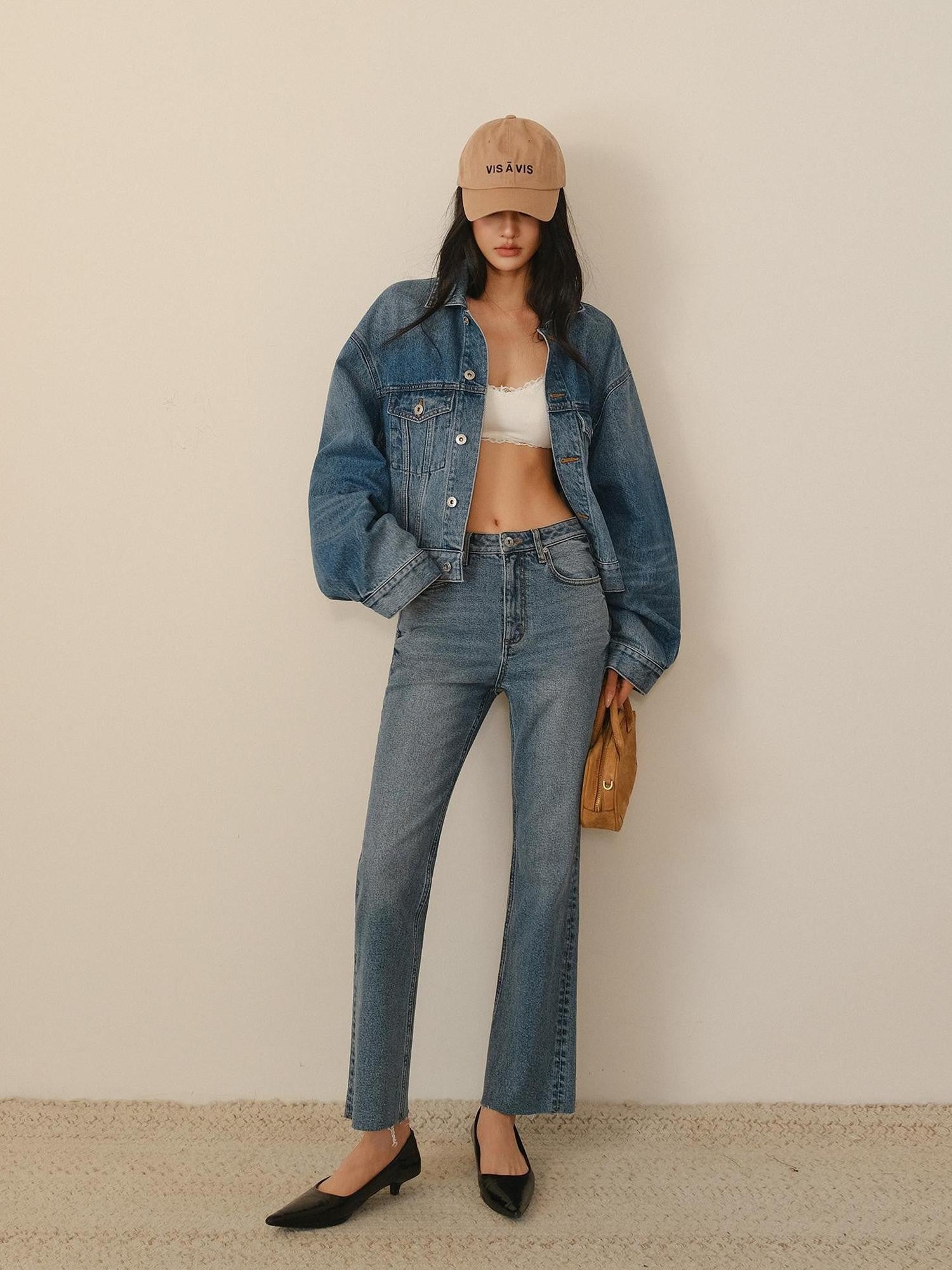 FU FRESH UP Vintage Washed Raw Hem Ankle High Waist Women&
