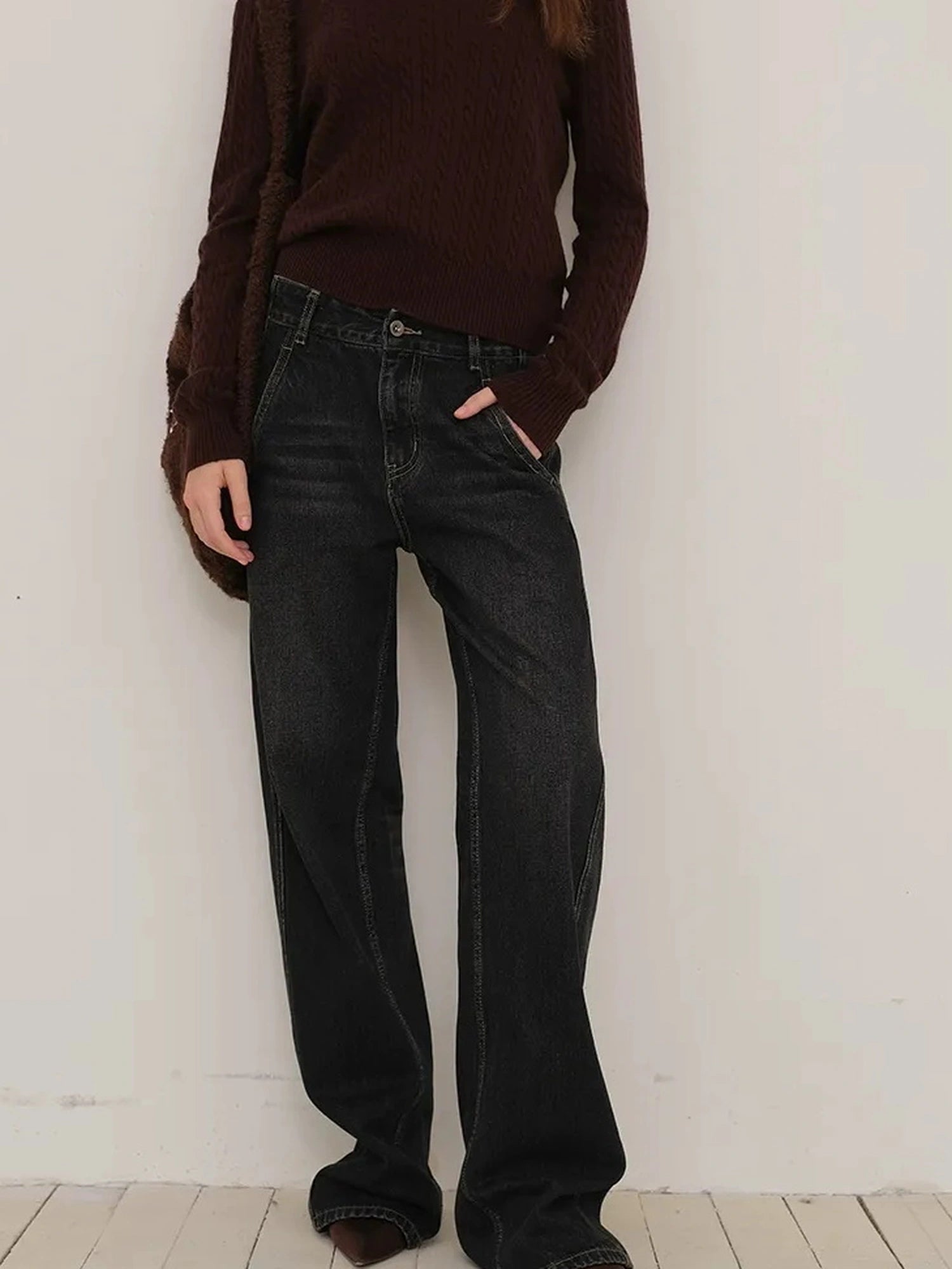FU FRESH UP Vintage Washed Relaxed Fit Wide Leg Denim Pants