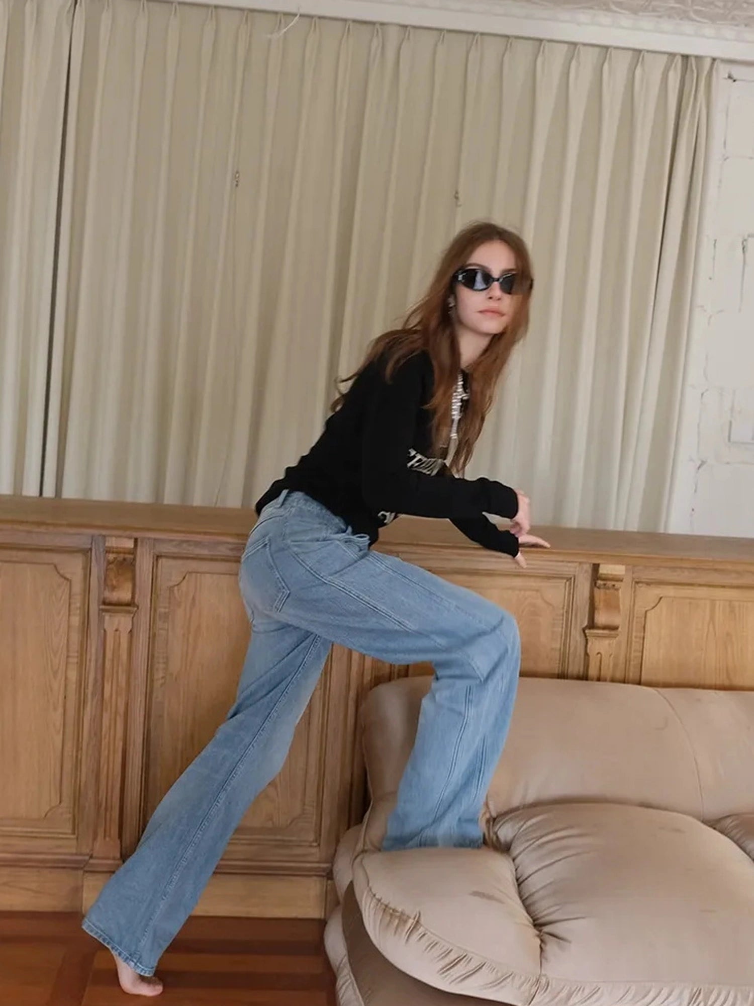 FU FRESH UP Vintage Washed Relaxed Fit Wide Leg Denim Pants