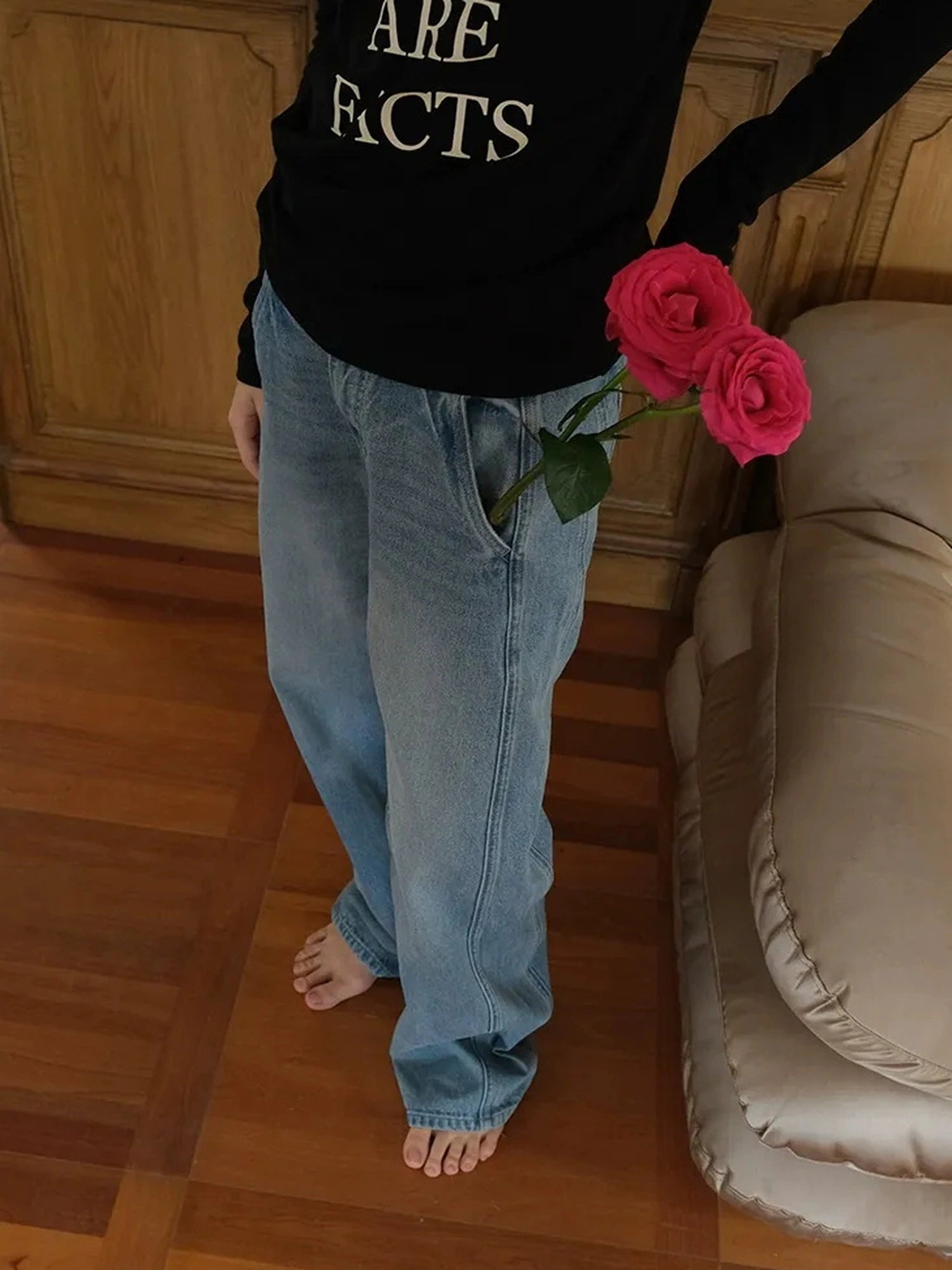 FU FRESH UP Vintage Washed Relaxed Fit Wide Leg Denim Pants