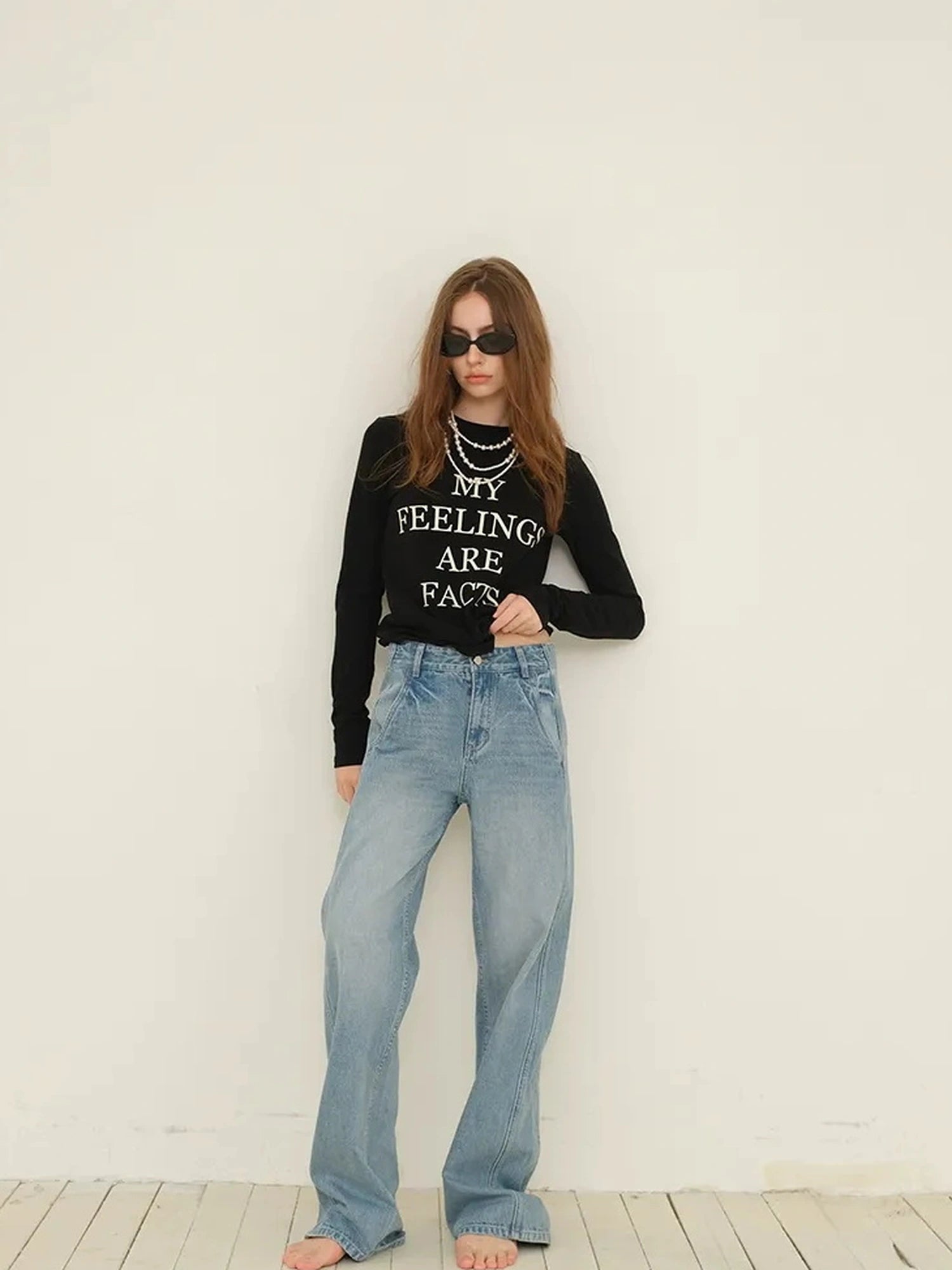 FU FRESH UP Vintage Washed Relaxed Fit Wide Leg Denim Pants
