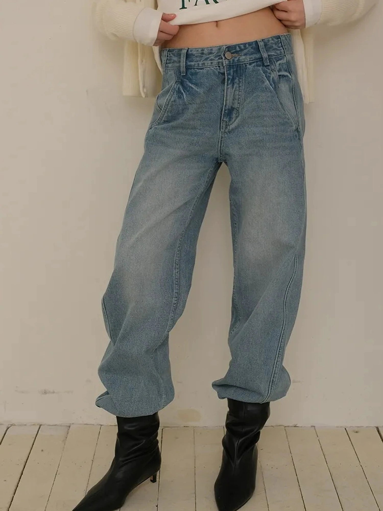 FU FRESH UP Vintage Washed Relaxed Fit Wide Leg Denim Pants