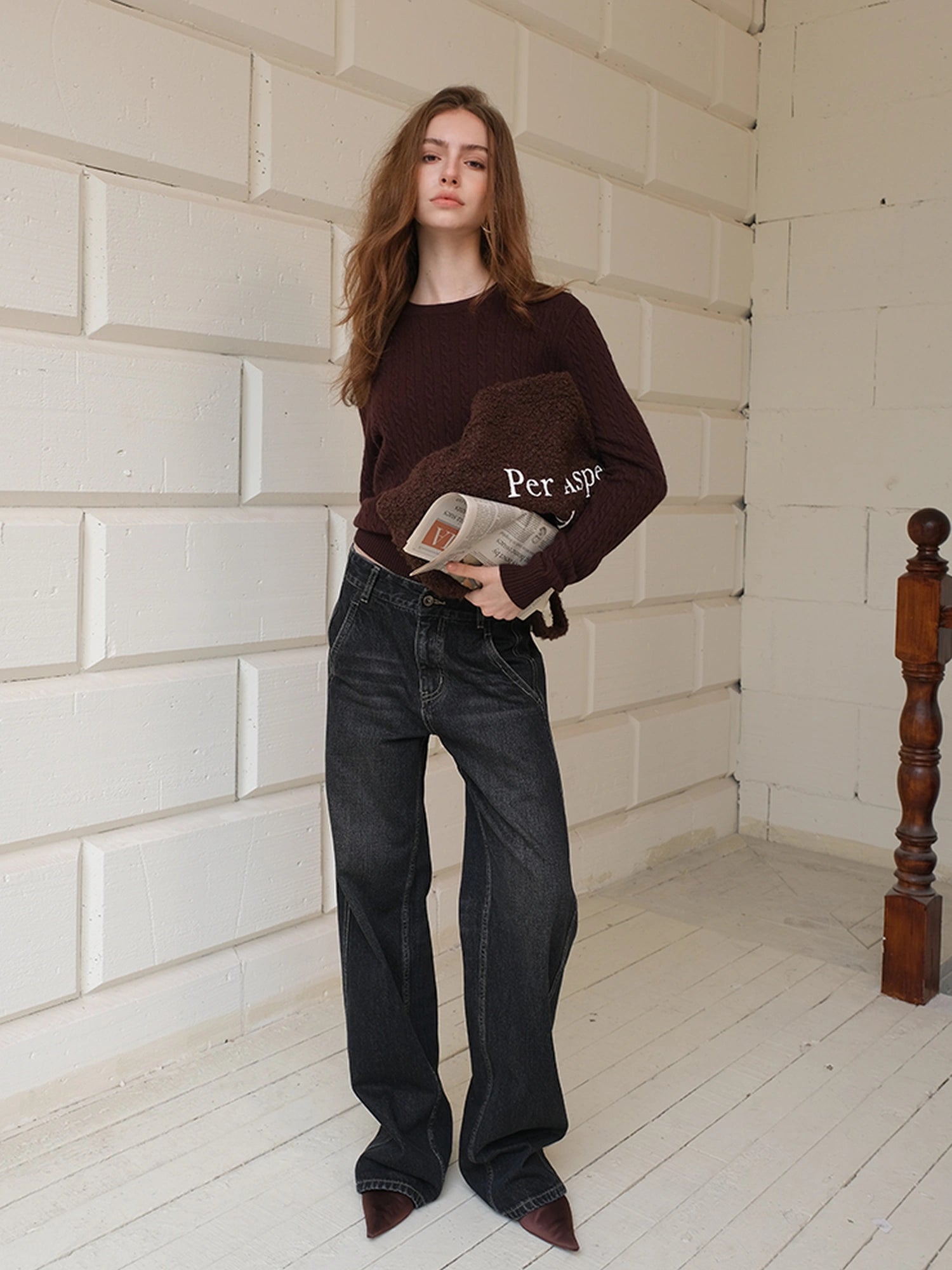 FU FRESH UP Vintage Washed Relaxed Fit Wide Leg Denim Pants