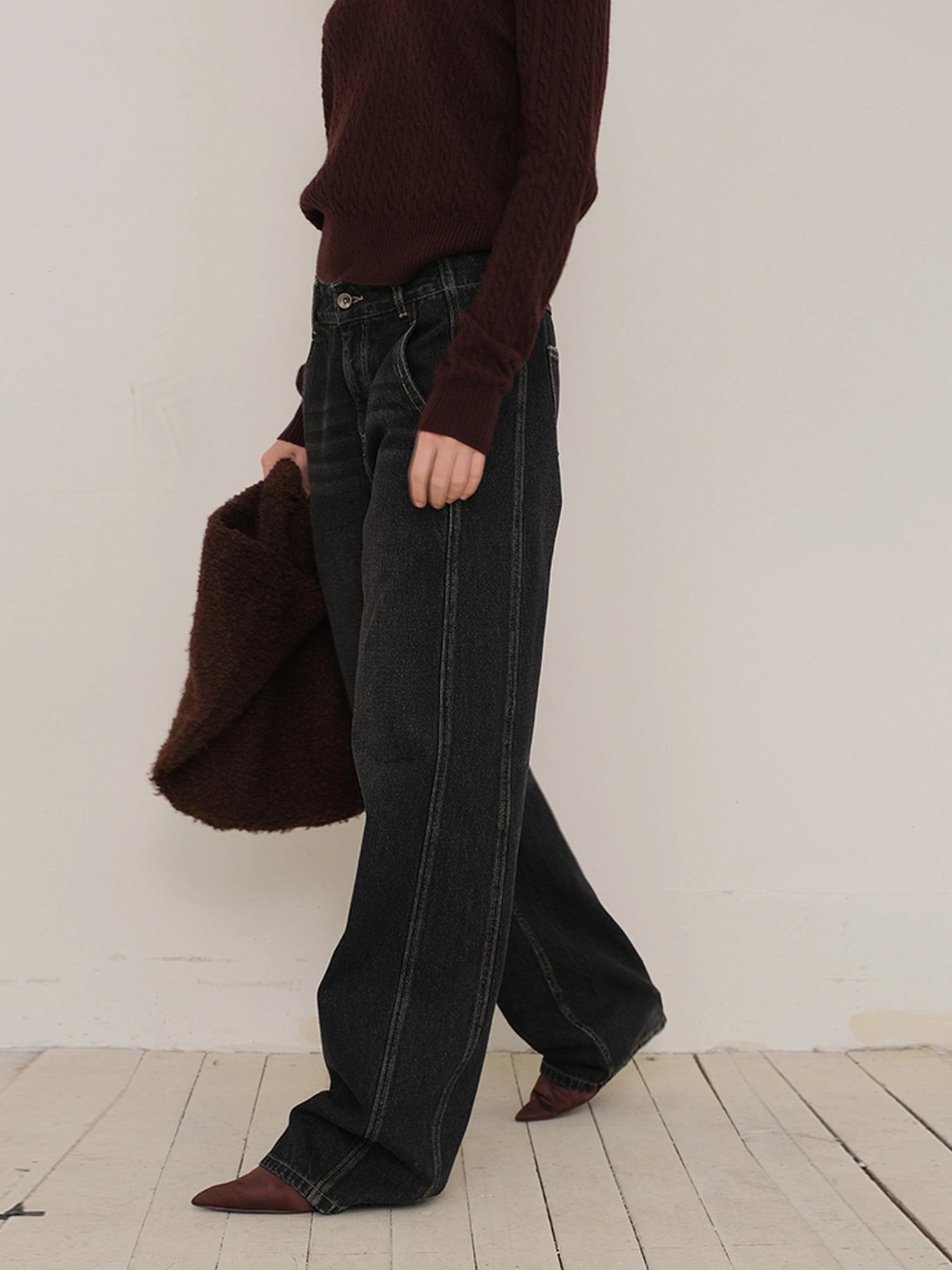 FU FRESH UP Vintage Washed Relaxed Fit Wide Leg Denim Pants