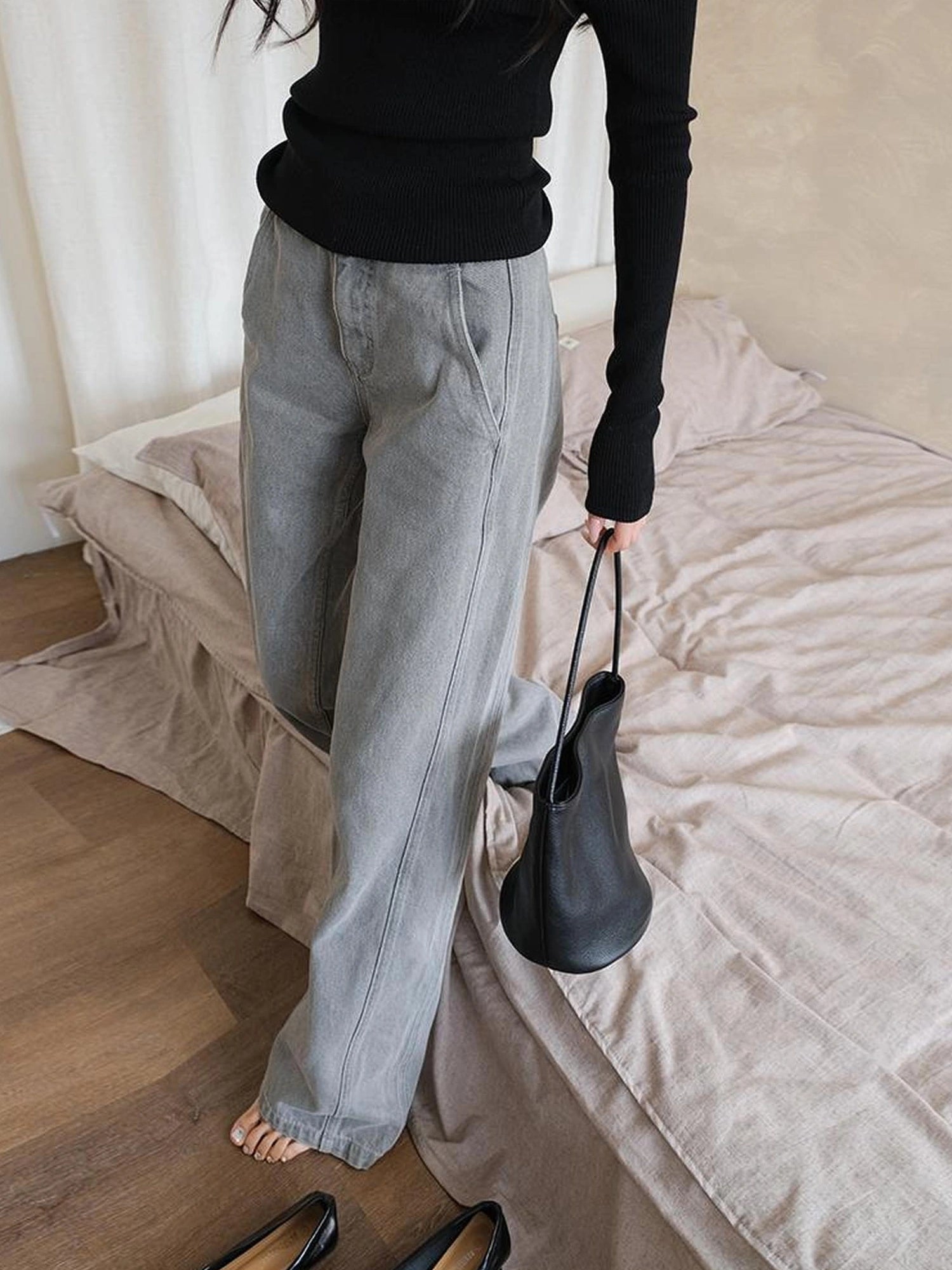 FU FRESH UP Vintage Washed Wide Leg Denim Pants