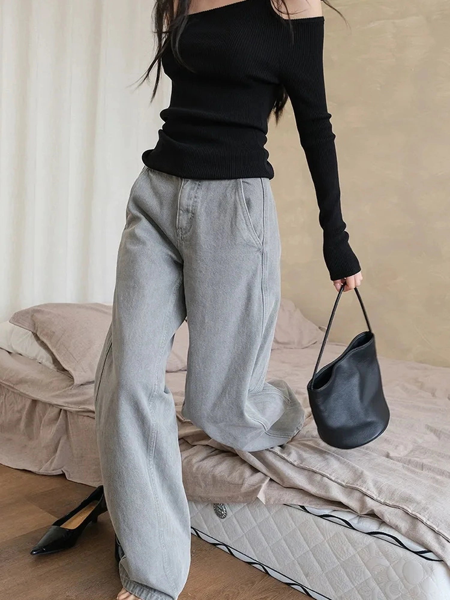 FU FRESH UP Vintage Washed Wide Leg Denim Pants