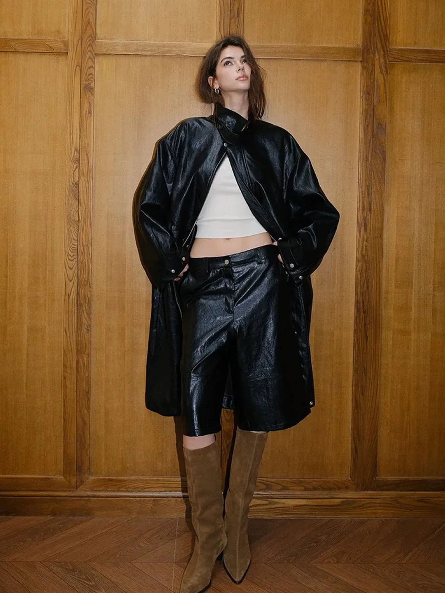 FU FRESH UP Vintage Waxed Pu Leather Midi Shorts