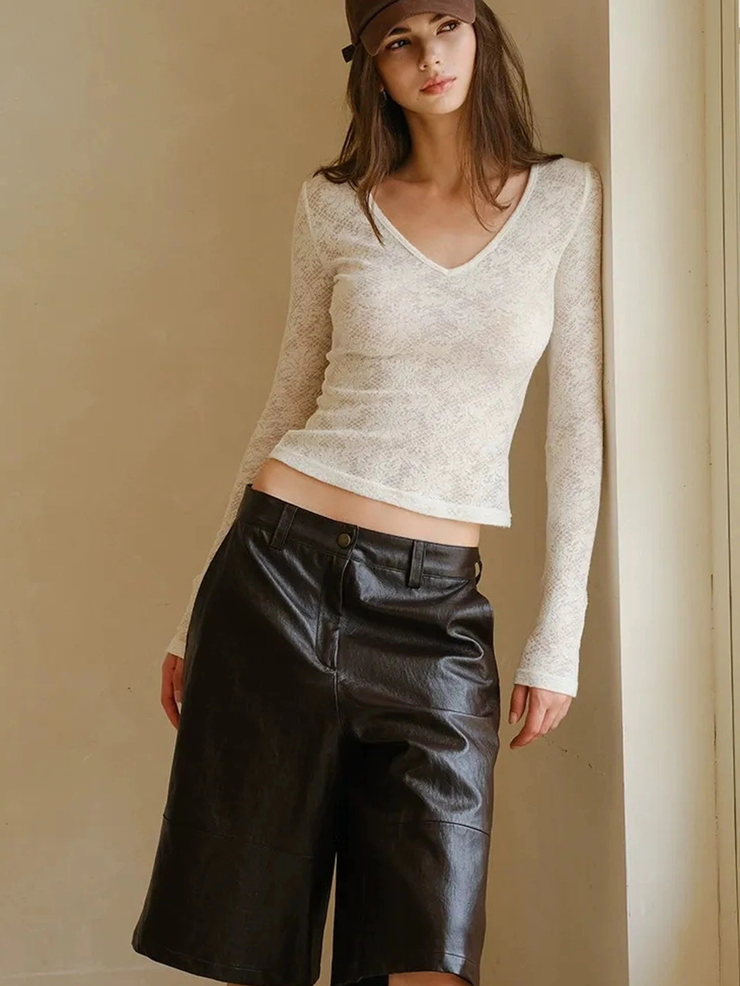 FU FRESH UP Vintage Waxed Pu Leather Midi Shorts