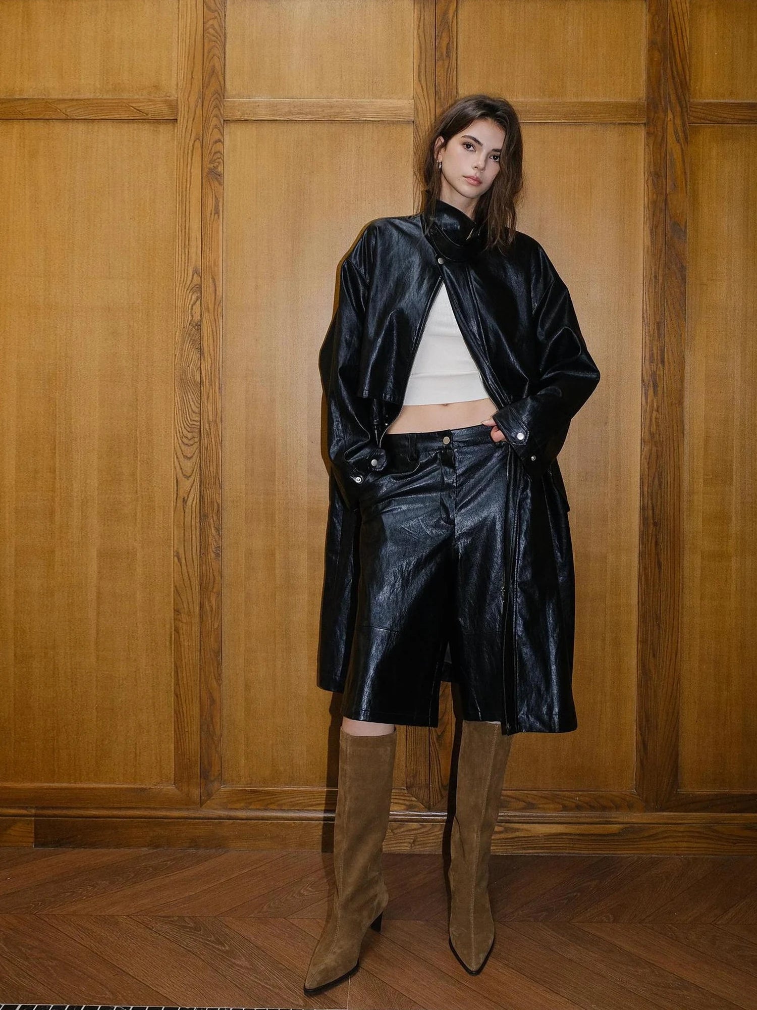 FU FRESH UP Vintage Waxed Pu Leather Midi Shorts