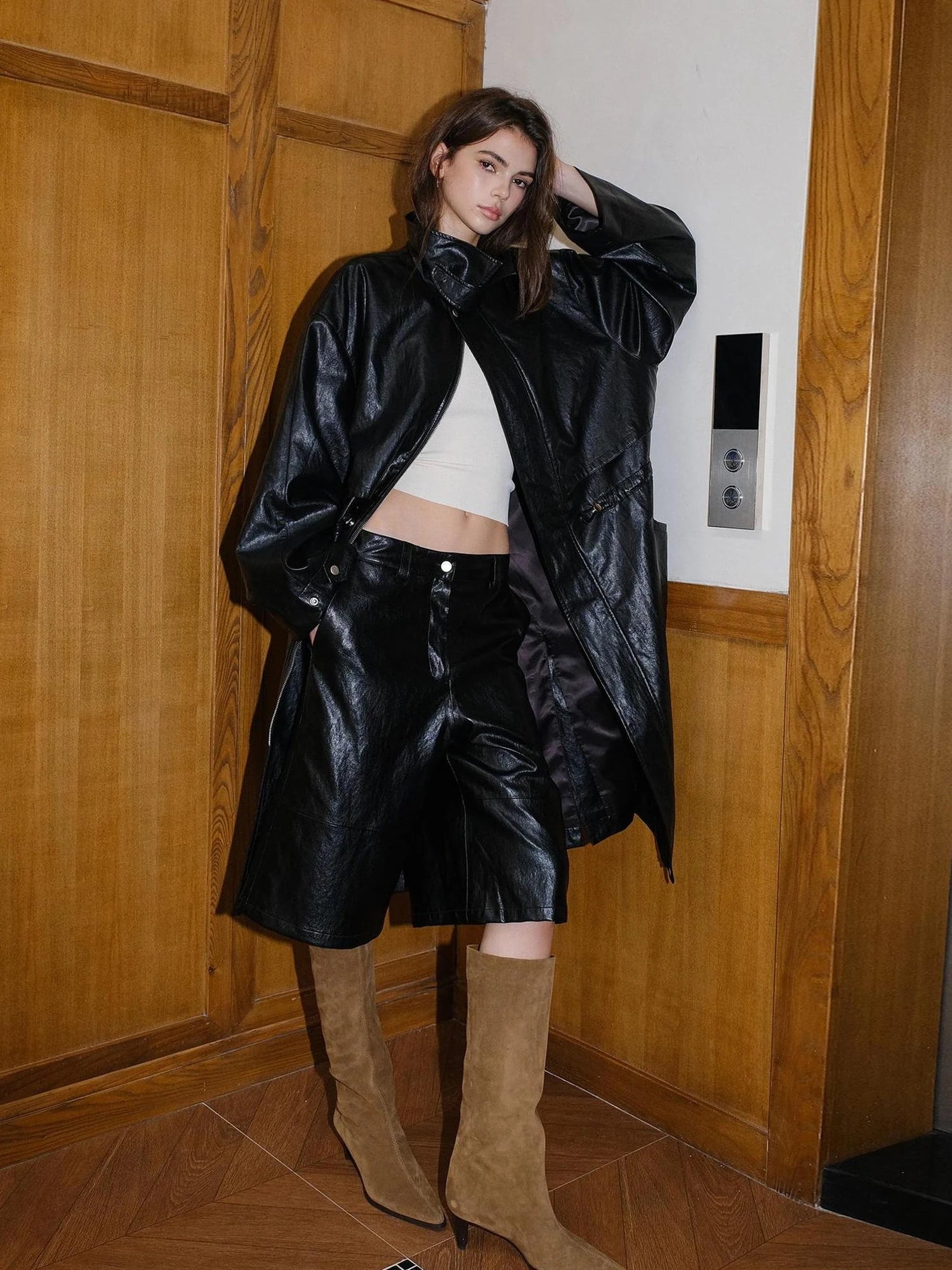 FU FRESH UP Vintage Waxed Pu Leather Midi Shorts
