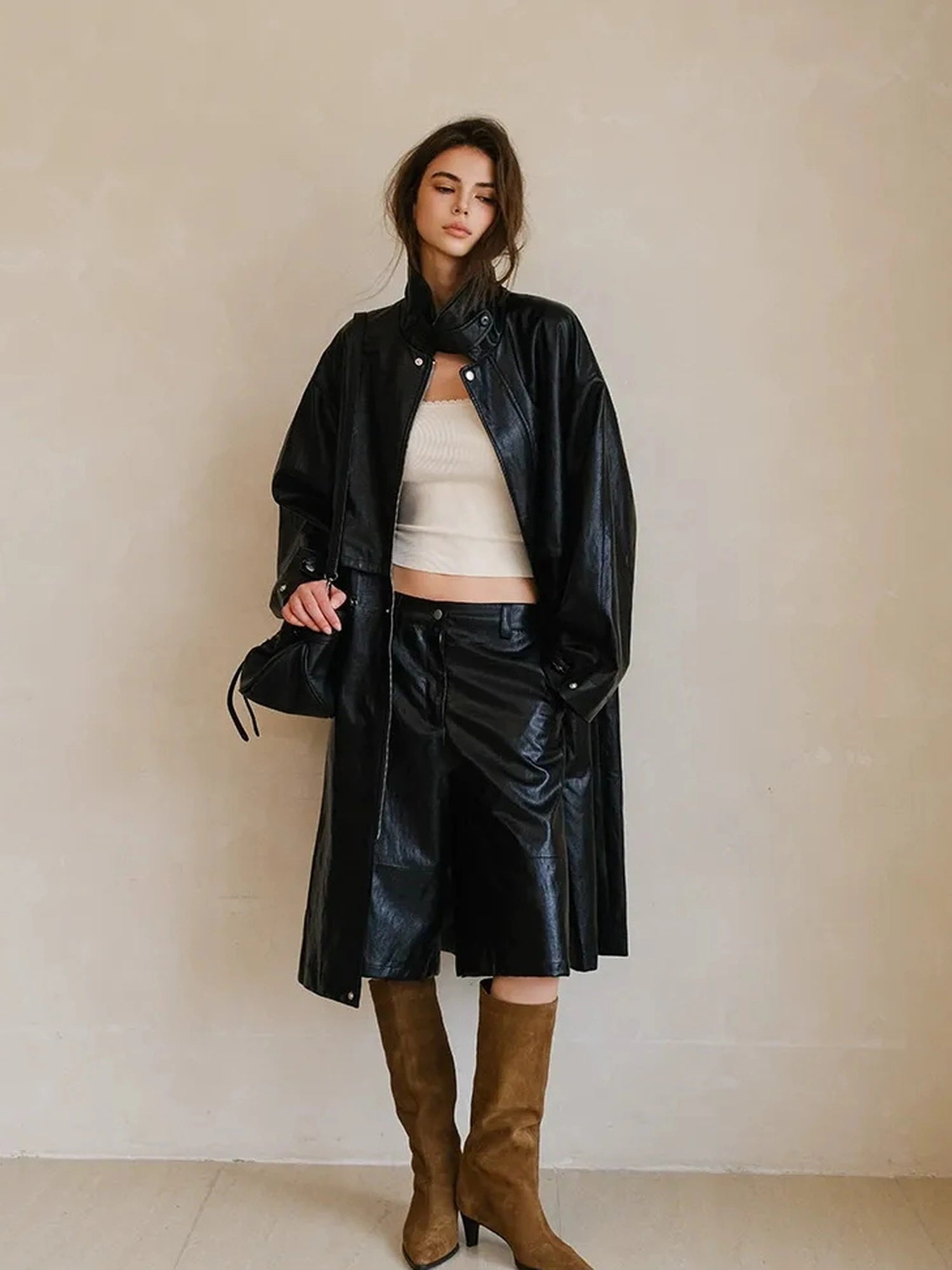 FU FRESH UP Vintage Waxed Pu Leather Midi Shorts