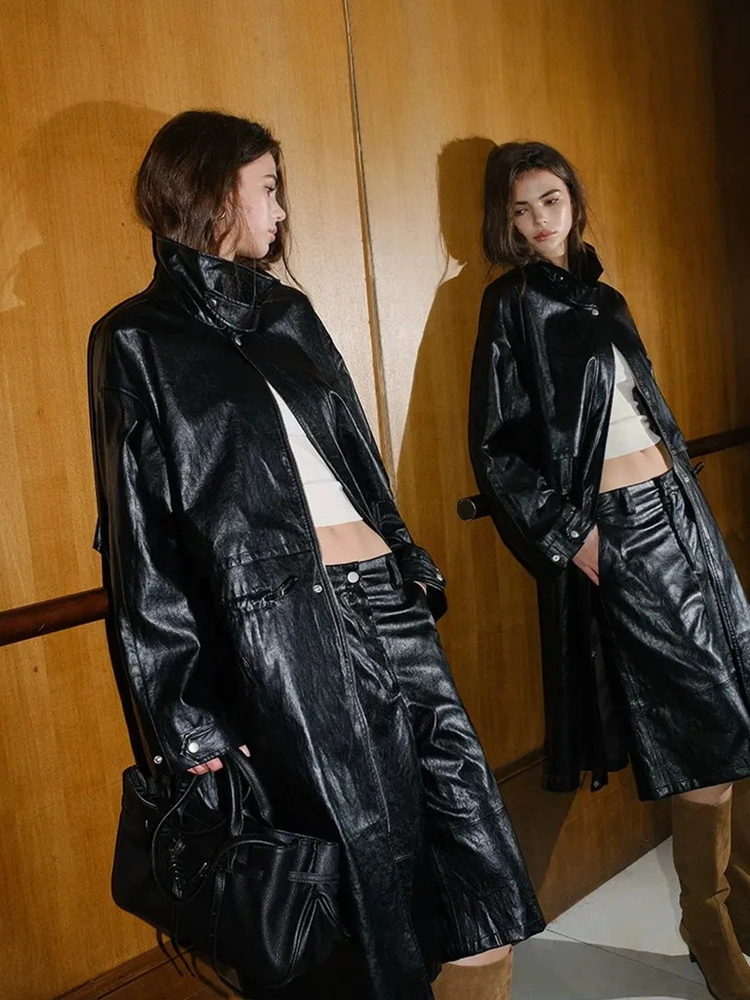 FU FRESH UP Vintage Waxed Pu Leather Midi Shorts