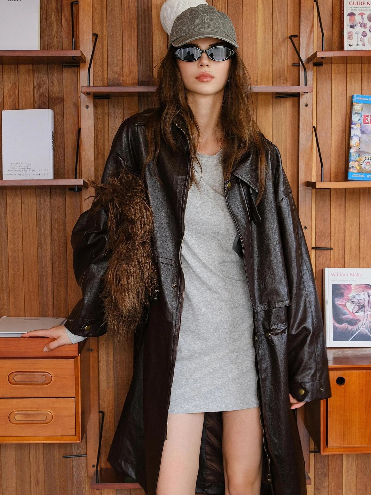 FU FRESH UP Vintage Waxed Pu Trench Coat With Waist Tie